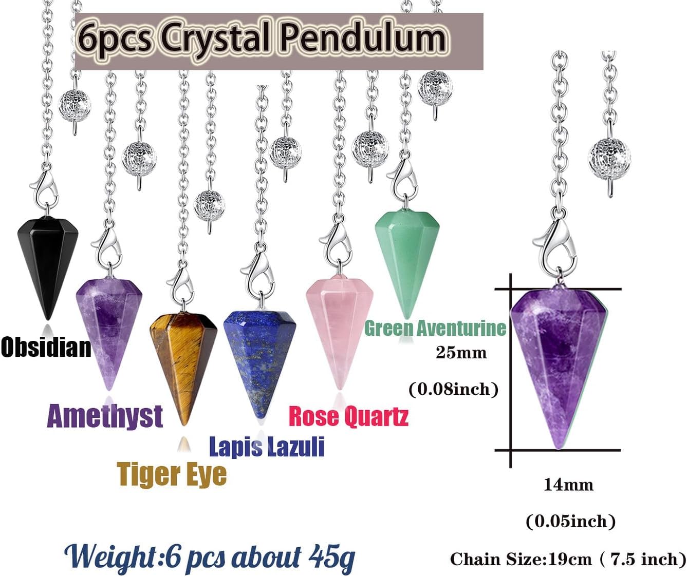 DUQGUHO Juego de 6 piezas de péndulo de cristal, accesorios Wiccan, herramientas de adivinación, cristales curativos naturales, colgantes de piedras