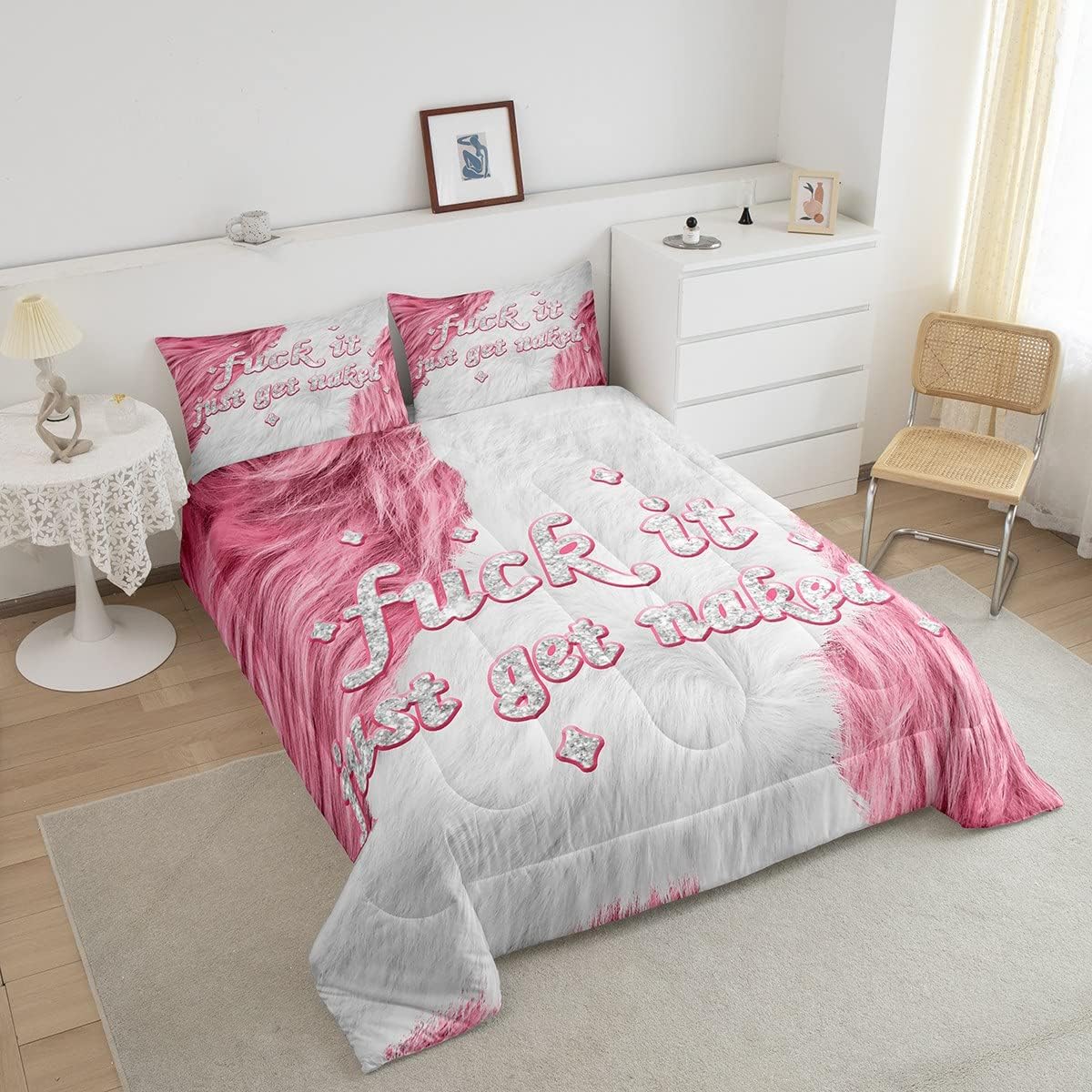 Feelyou Get Naked – Juego de ropa de cama para niños, juego de edredón de piel de vaca para niños, color rosa vaca, decoración con purpurina, juego