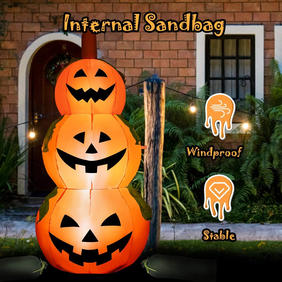 Tangkula Farol inflable de calabaza de 5.2 pies para Halloween, con bombillas LED internas, tela de poliéster 190T y ventilador impermeable,