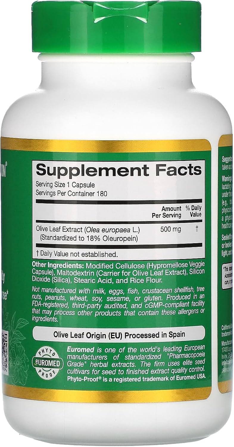Extracto de hoja de olivo 500 mg, 18% de oleuropeína, calidad europea procesada en España, 180 cápsulas vegetales, California Gold Nutrition