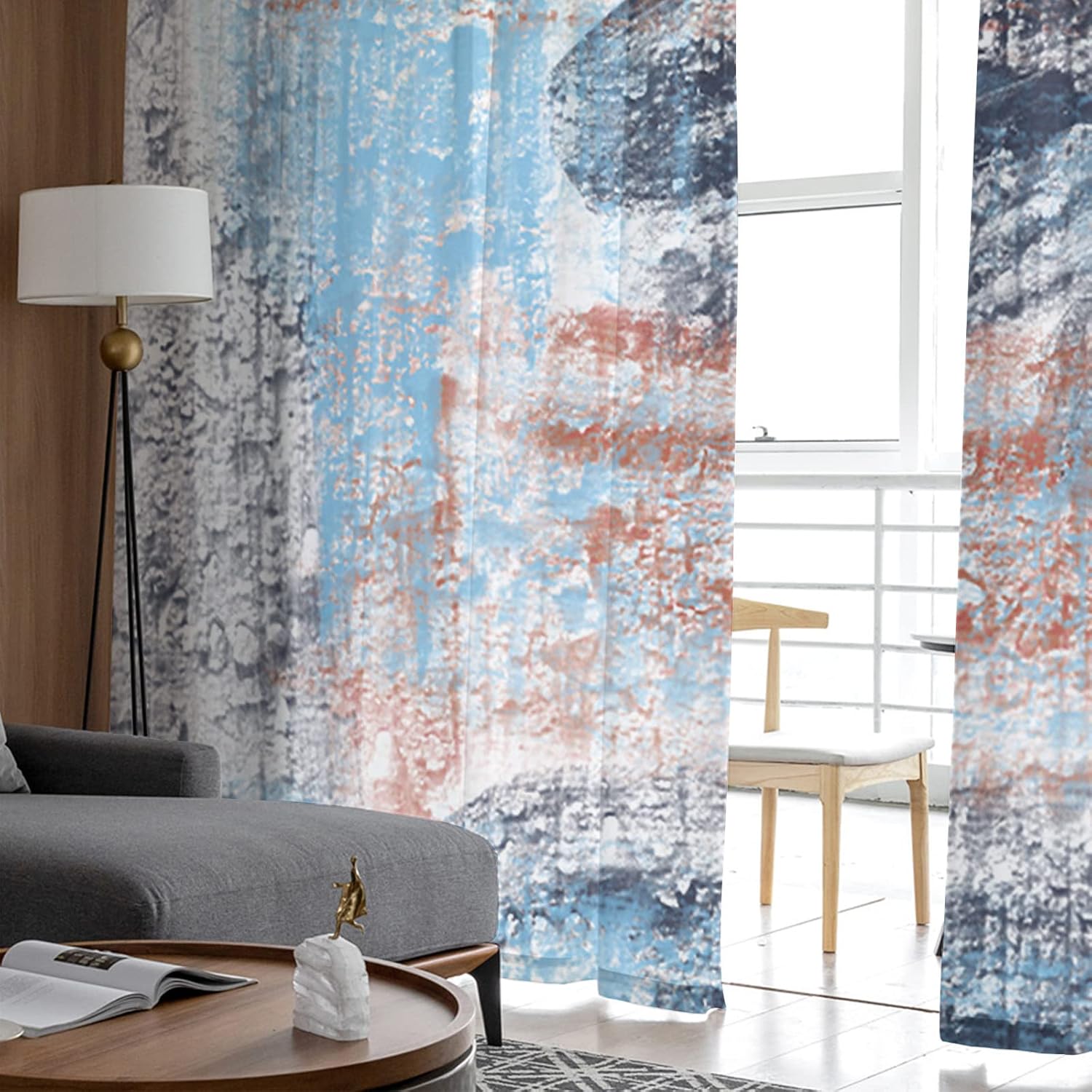 Sheer Curtains 84 Inch Long Street Blue Modern Abstract Art Rod Pocket Voile Semi-Sheer Window Treatment Drapes for Living Room Bedroom Windows 2