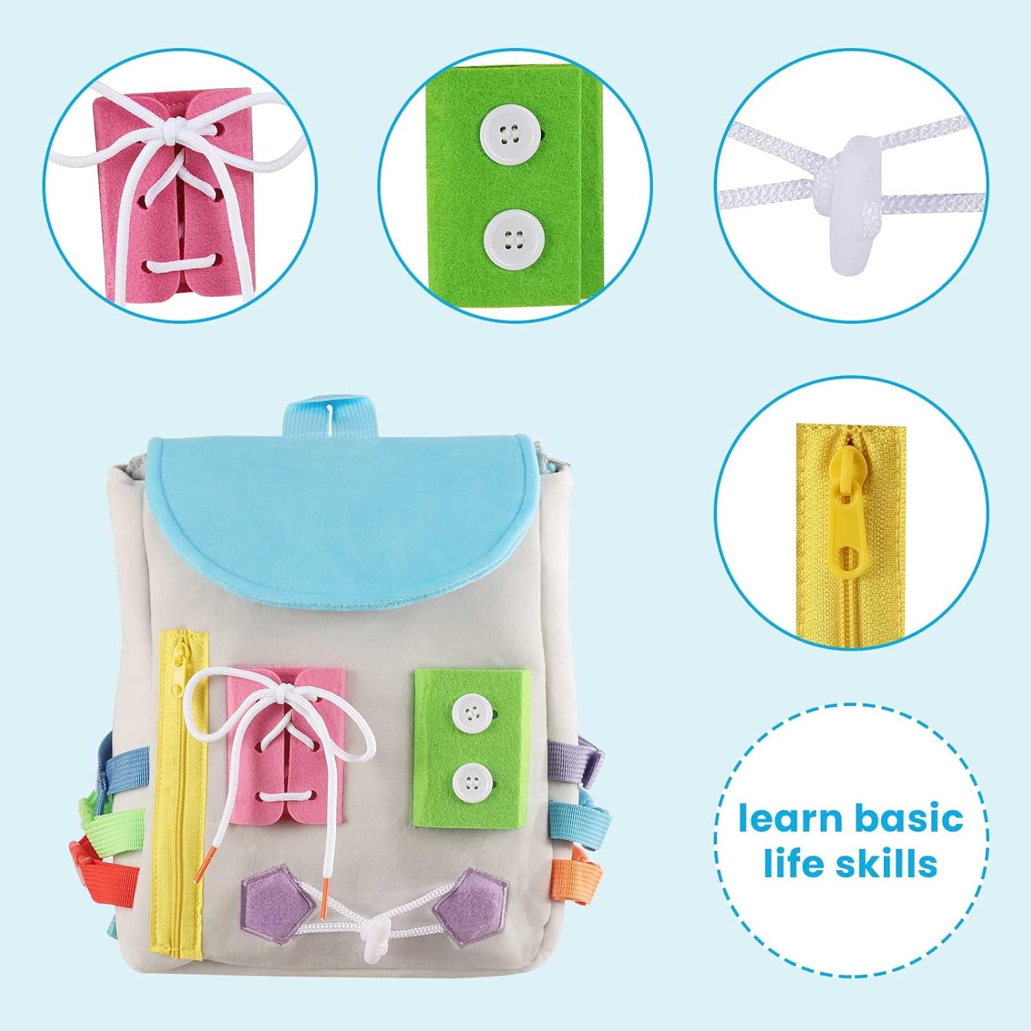 Busy Board – Mochila para niños pequeños con hebillas y juguetes de actividades de aprendizaje, desarrolla habilidades motoras finas y habilidades
