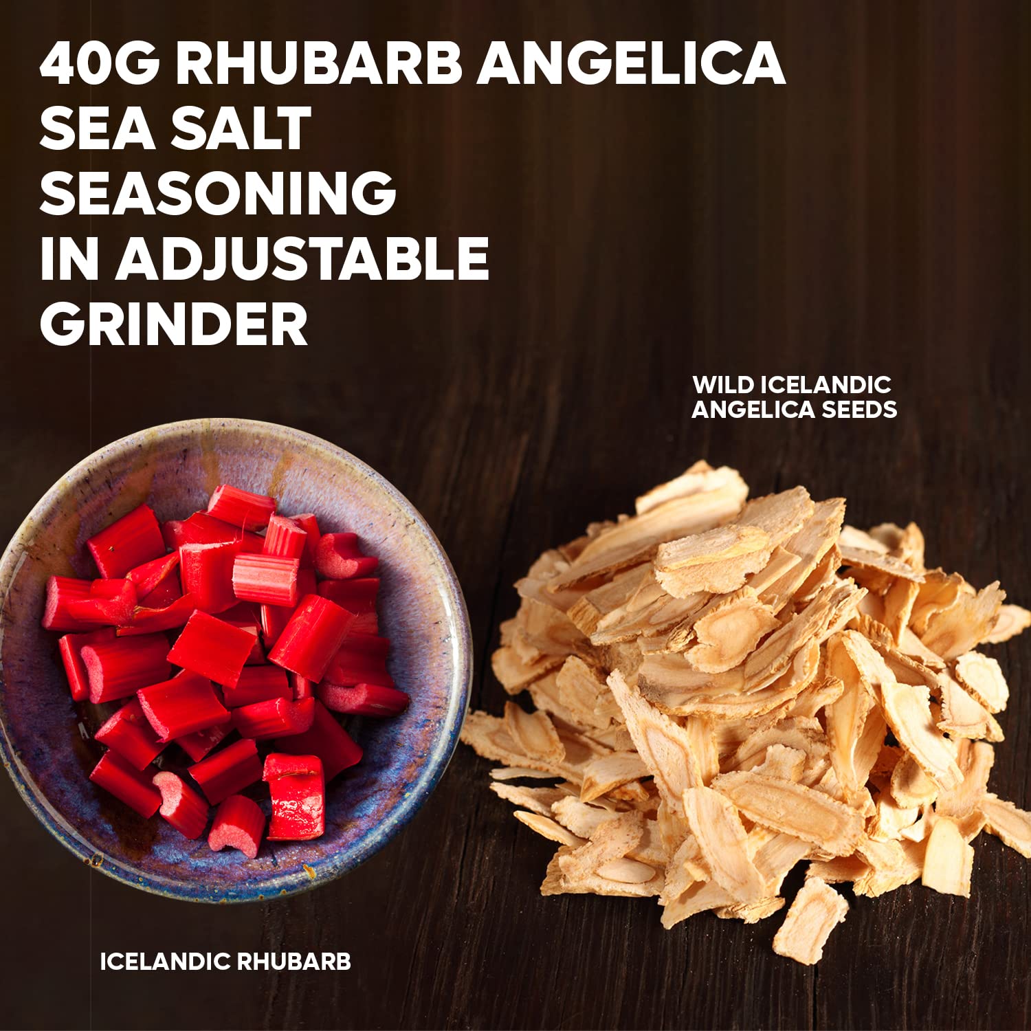 Sal marina islandesa  Sal marina saborizada hecha a mano, con todos los ingredientes naturales y sal escamosa pura de Islandia (ruibarbo angélica,