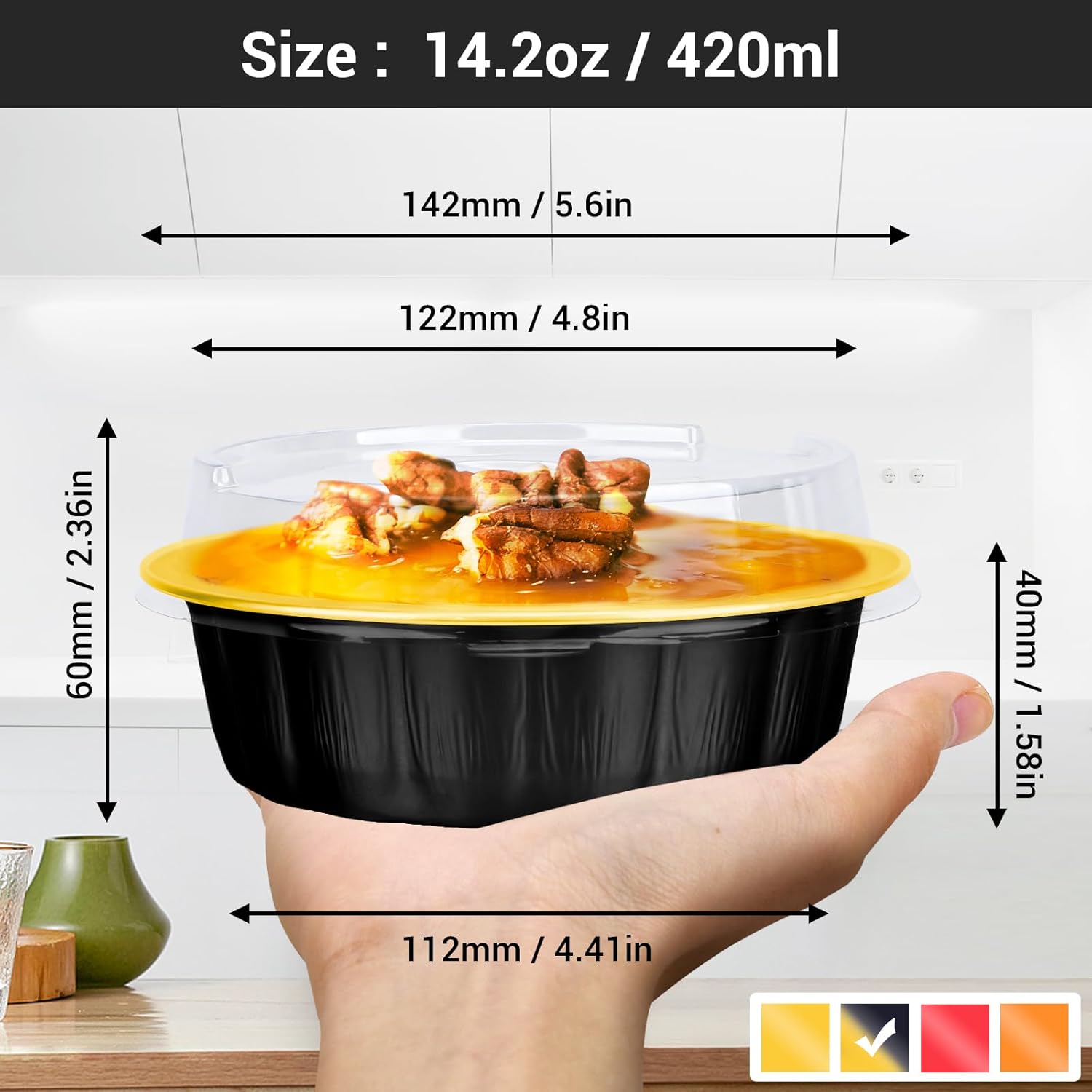 EUSOAR Moldes desechables con tapas, color oro negro, paquete de 50 moldes de papel de aluminio de 14.2 onzas con tapas, moldes desechables para