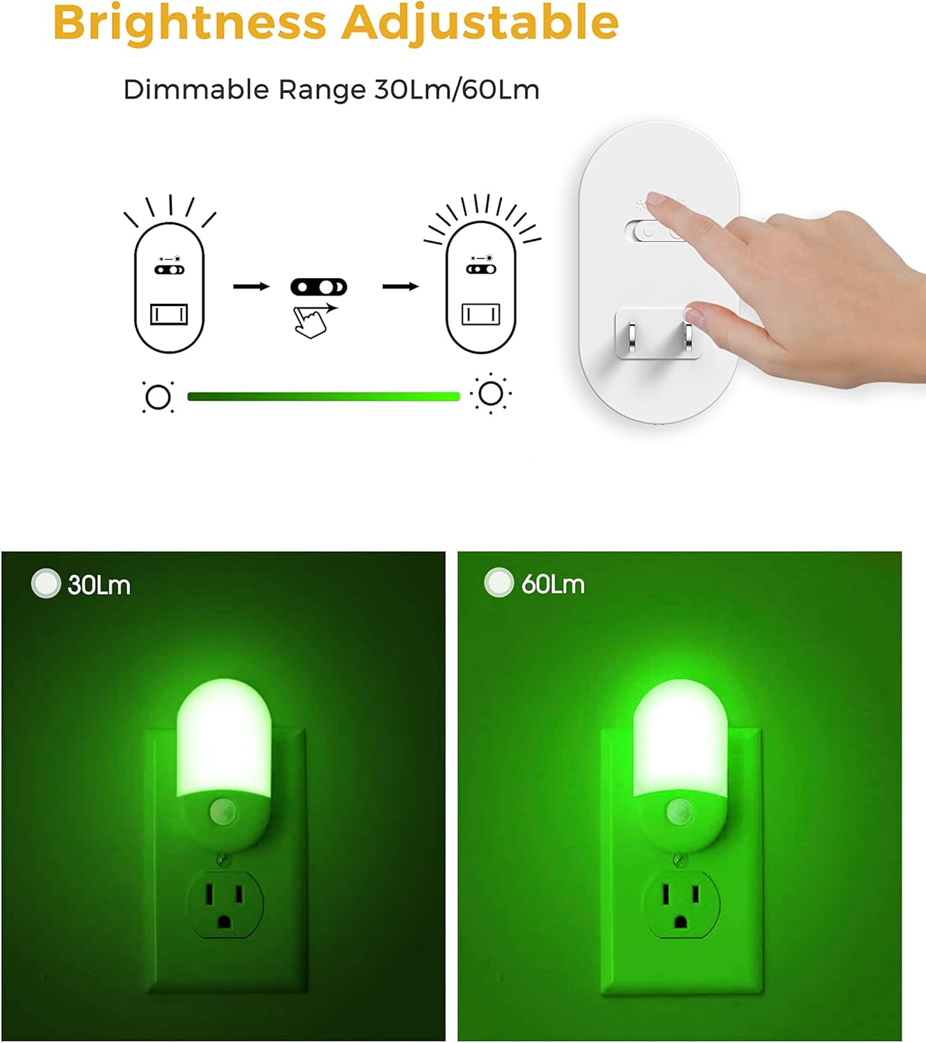 LOHAS – Luz nocturna verde enchufable, luces nocturnas LED verdes con sensor de movimiento, enchufe a la pared, brillo ajustable, brillo verde