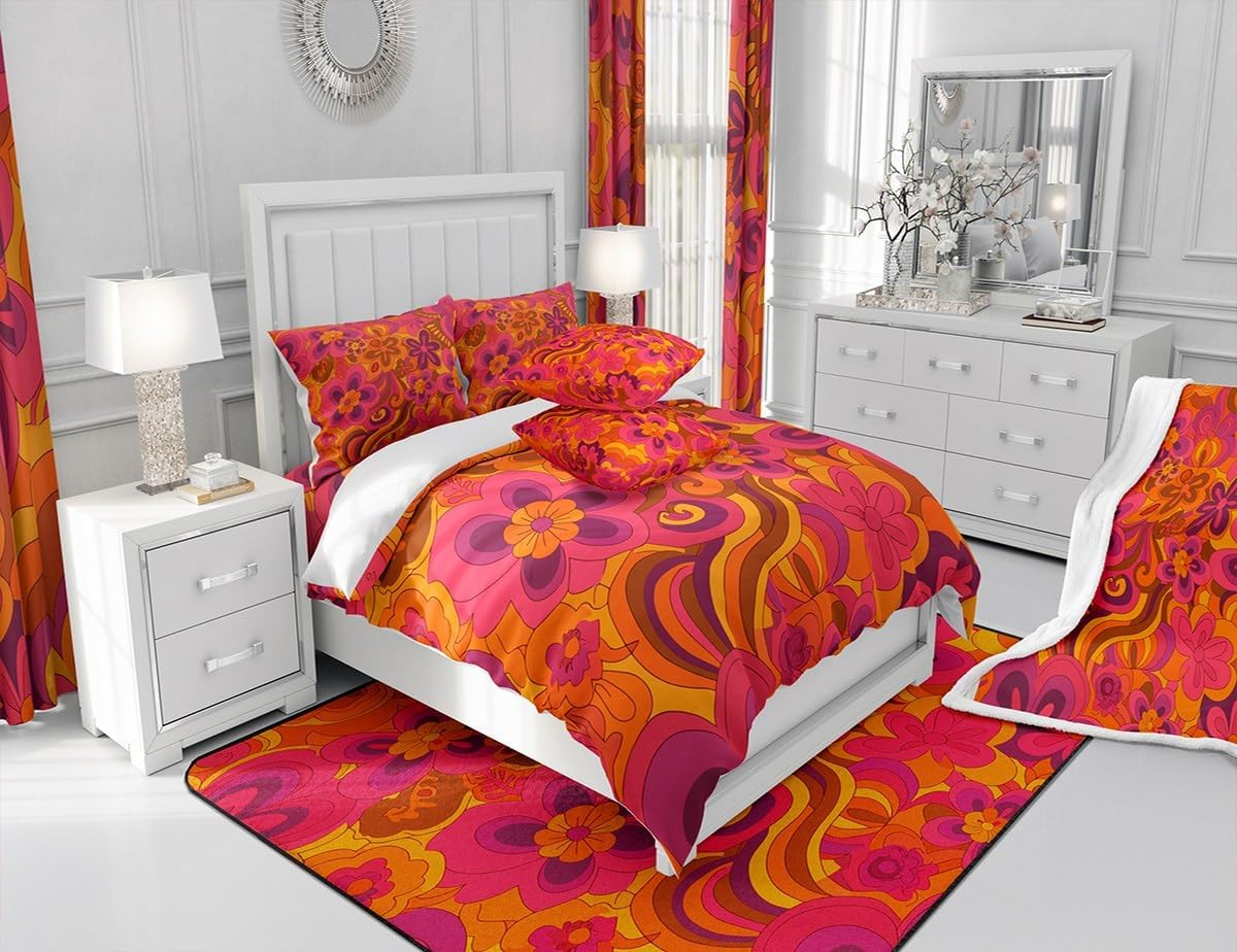 Juego de ropa de cama con estampado floral retro hippie para niños, adolescentes, funda de edredón con estampado floral bohemio vintage de los años