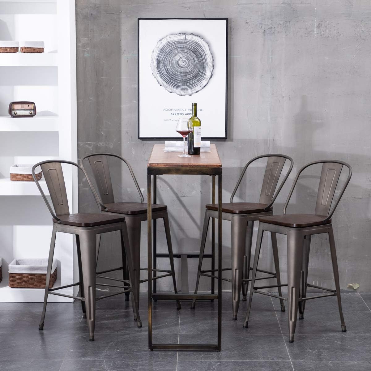 Yongqiang Juego de 4 taburetes de bar giratorios de 24 pulgadas con respaldo alto de metal con asiento de madera, sillas de bar industriales oxidadas