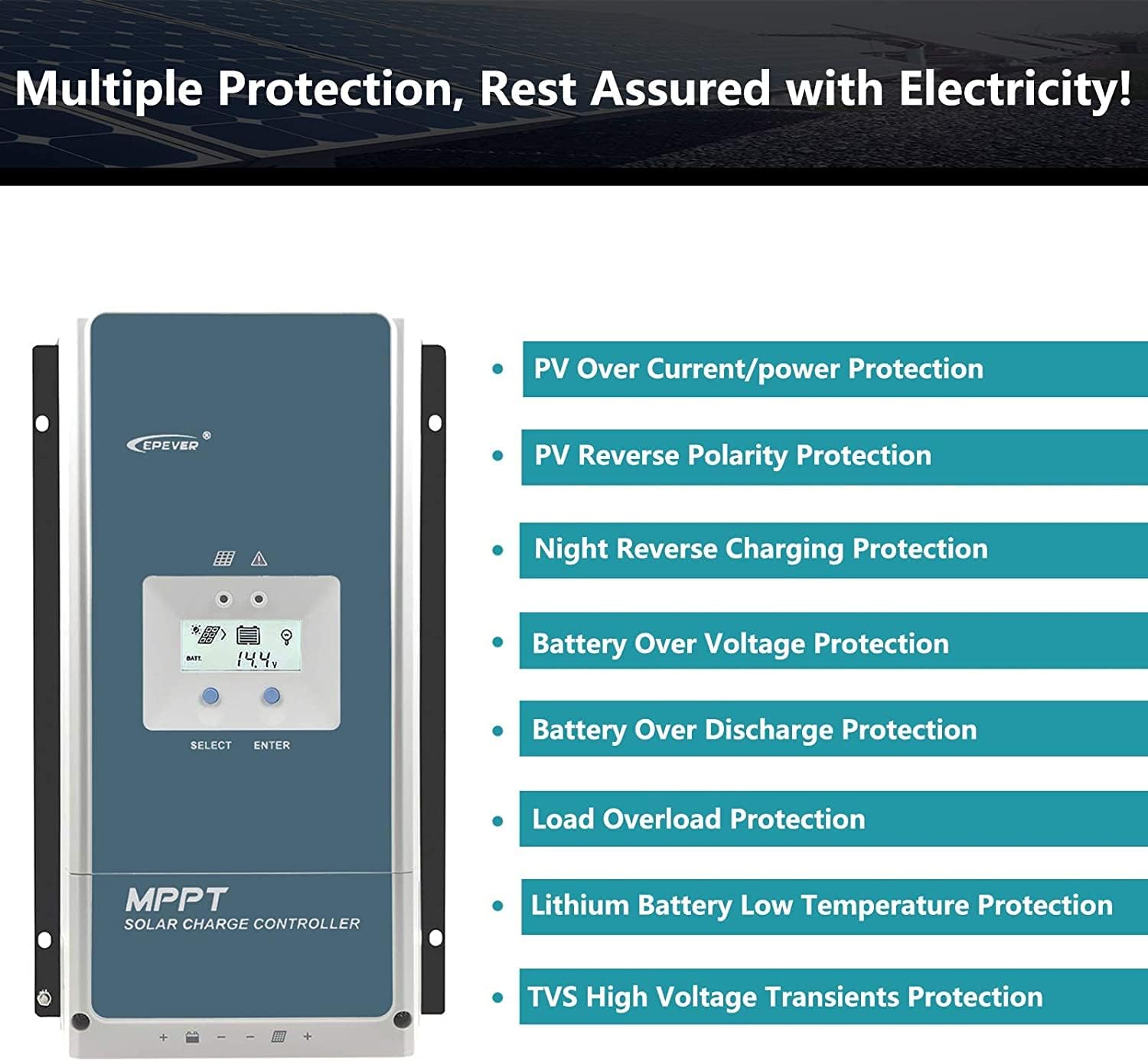 EPEVER Tracer 60A MPPT Controlador de carga solar 150V Max PV para litio LiFePO4, AGM, plomo ácido y más