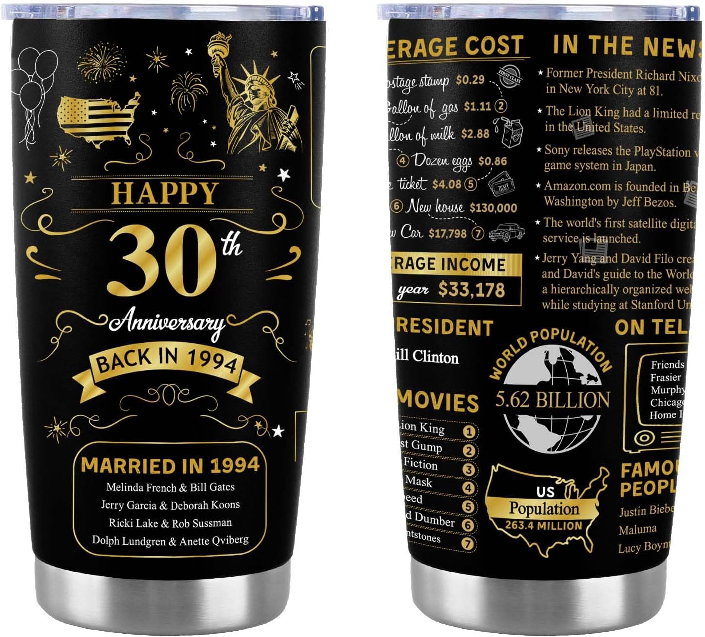 Regalos de boda de feliz 30 aniversario para hombres y mujeres, vaso de 30 años, regalos de boda de 30 años para pareja, esposa, esposo, en 1994,