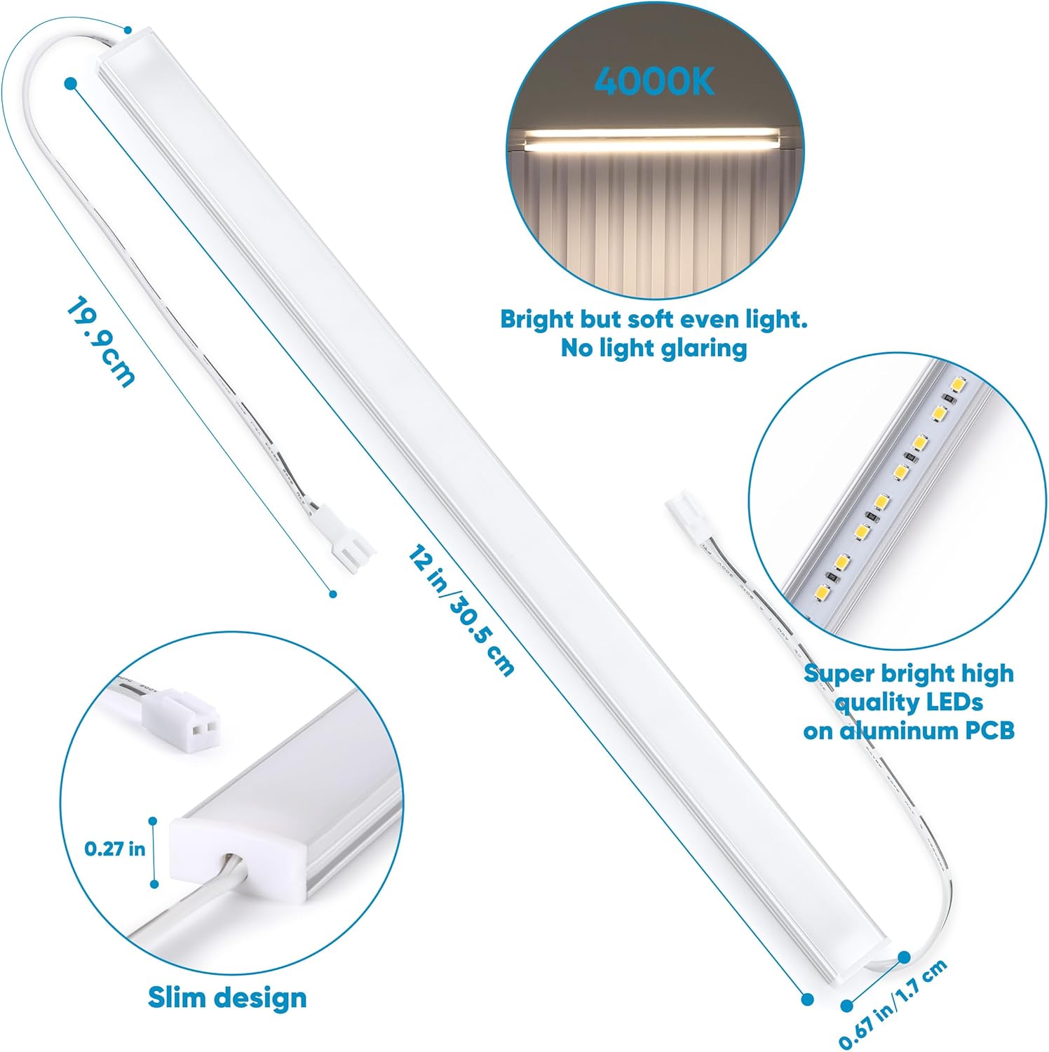 Litever Luces para debajo del gabinete enchufables, 6 tiras de luz LED de 12 pulgadas. Superbrillantes regulables extensibles para encimera de