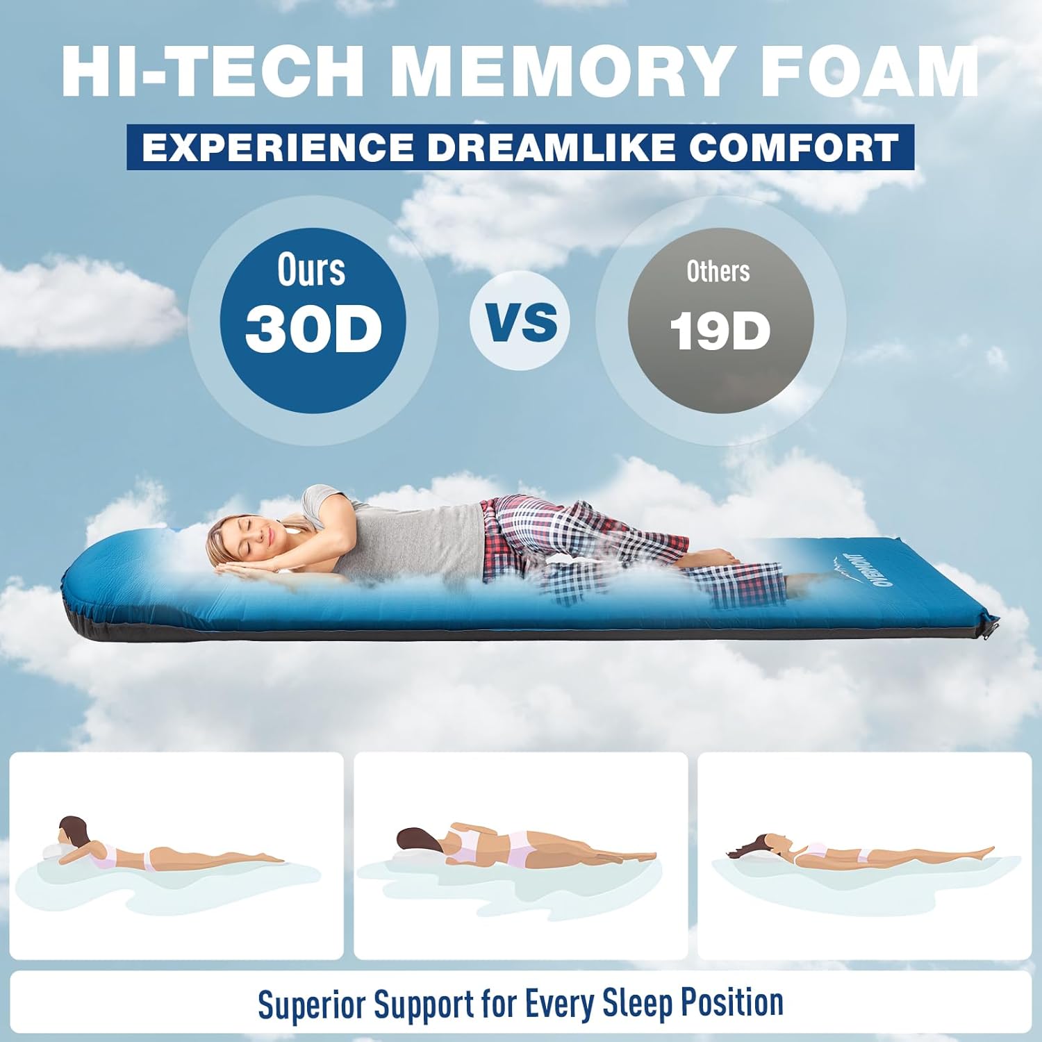 Overmont Colchoneta de dormir autoinflable de 3 pulgadas de grosor con almohada, colchón de espuma ancha, portátil, enrollable, para exteriores,