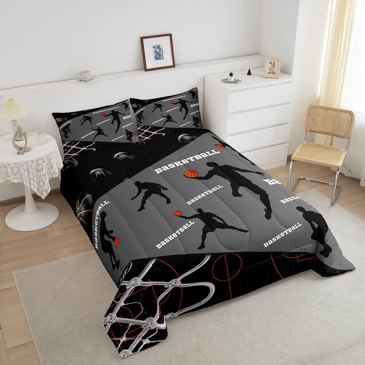Erosebridal Juego de ropa de cama de baloncesto tamaño Queen, juegos de edredón deportivos para niños, color gris y negro, juego de ropa de cama de