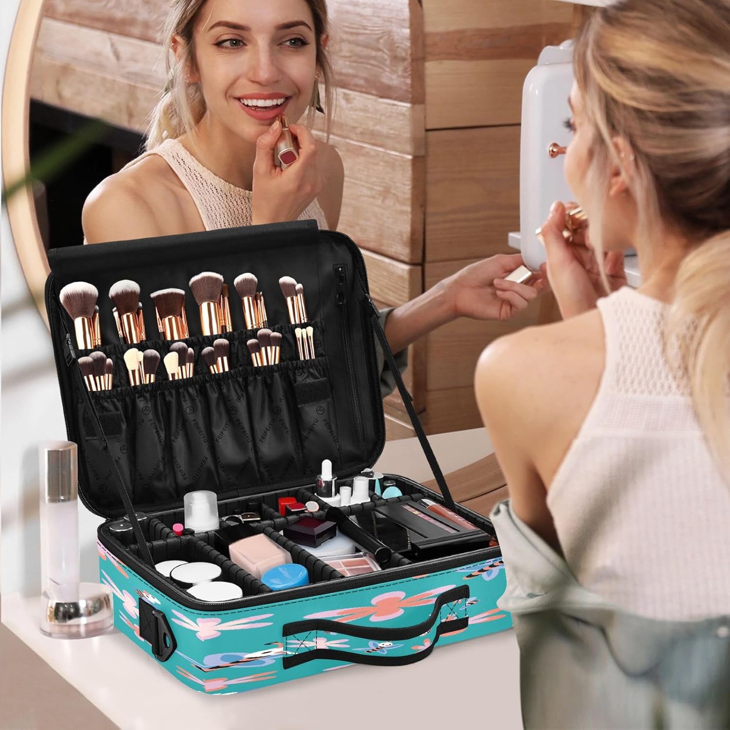 Bee Cartoon Turquoise Flower travel cosmetic bags for women toiletries travel make up bag women portable travel makeup bolsa cosmetiqueras para