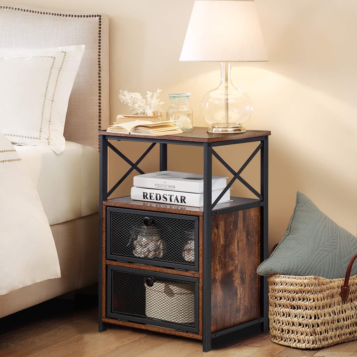 VECELO Moderna mesita de noche, mesa auxiliar con cajón abatible y lateral de diseño X para dormitorio, sala de estar, oficina, fácil montaje, marrón