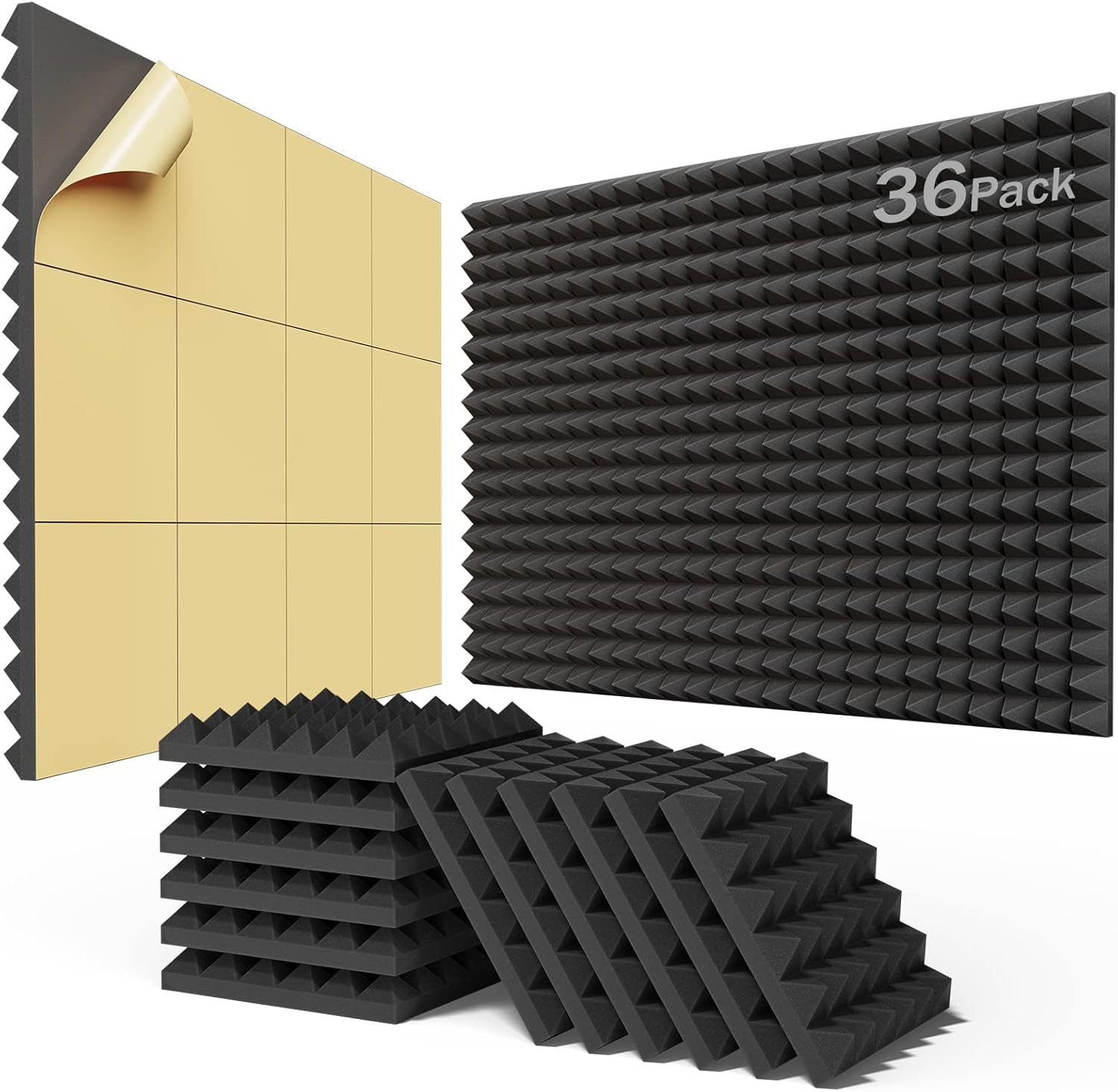 Paquete de 36 paneles de espuma autoadhesivos a prueba de sonido de 2 x 12 x 12 pulgadas, paneles acústicos de expansión rápida, paneles de pared