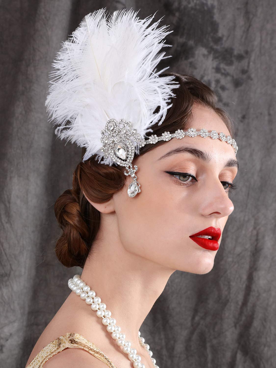 SWEETV Diadema de plumas de los años 20, color marfil, diadema de cristal de plumas de avestruz, accesorios para el cabello de gran Gatsby para