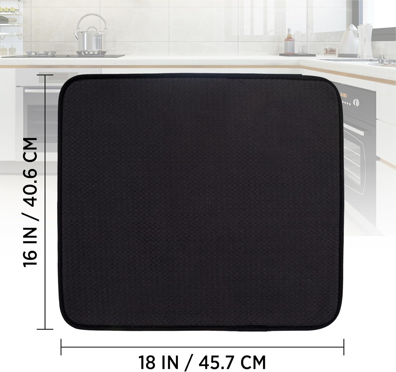 Tapete de secado de platos prémium de microfibra súper absorbente de 16 x 18 pulgadas, escurridor de platos, doble superficie (negro)