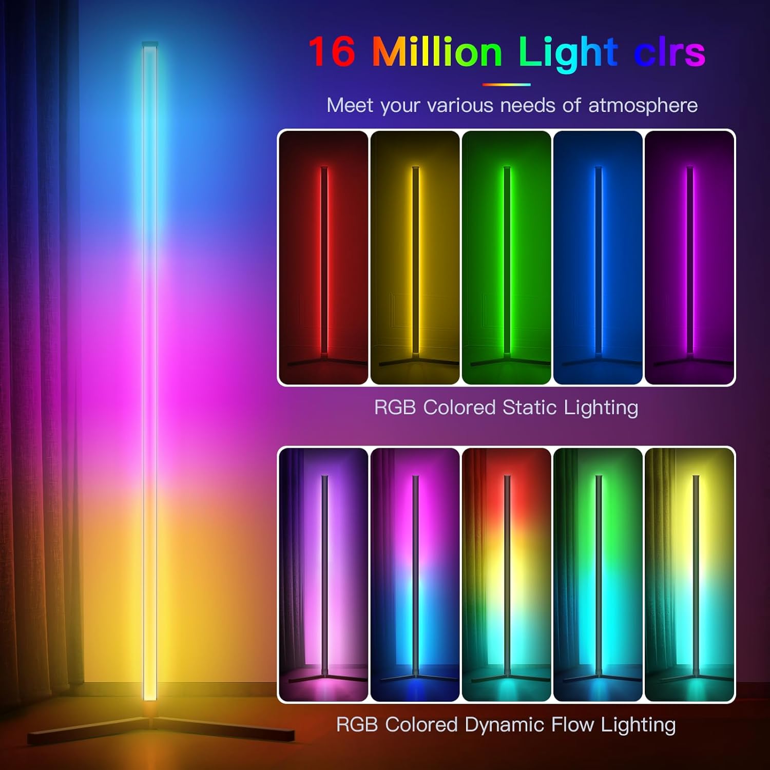 Lámpara de pie de esquina giratoria Regulable que cambia de color, lámparas de esquina de pie LED Smart App Control Iluminación RGB lámpara de
