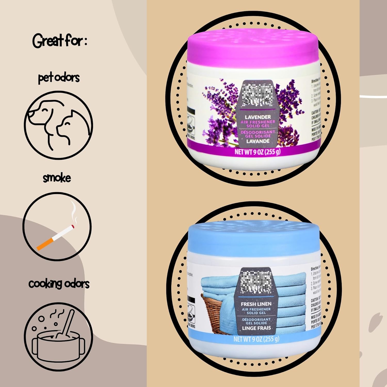 Ambientadores de gel sólido, juego de 2 desodorantes absorbentes de olores para el hogar, oficina, escuela, coche, barco, baño, área de mascotas,
