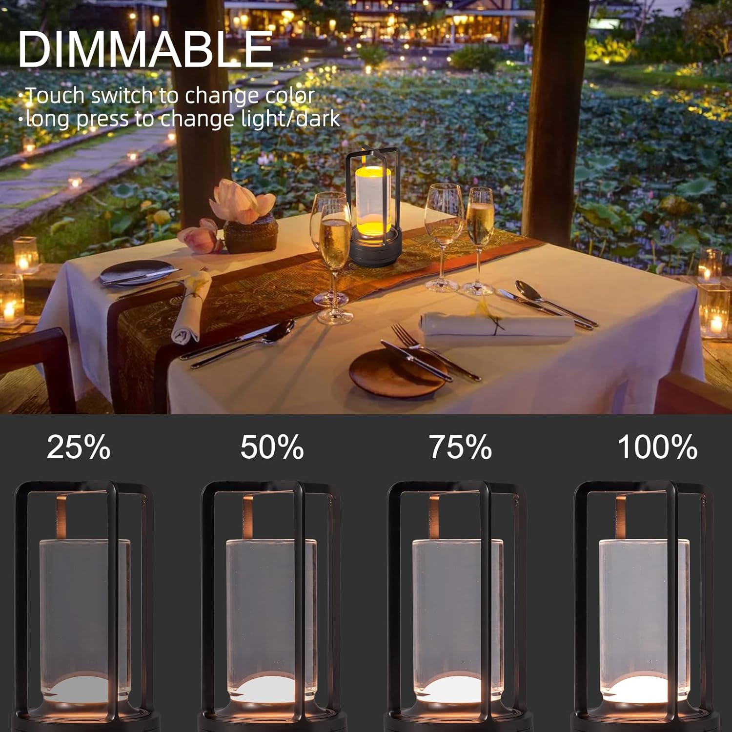 Lámpara de mesa LED portátil inalámbrica, funciona con pilas, recargable con sensor táctil (2600 mAh), regulable de tres niveles adecuada para
