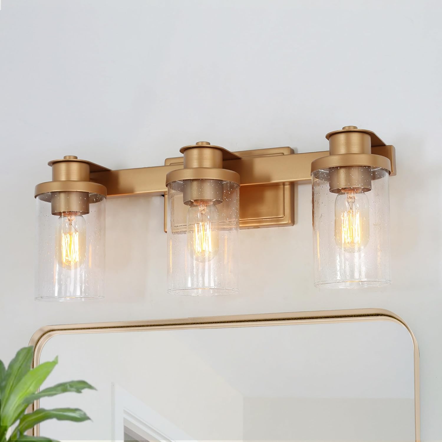 Lámparas de baño doradas, 3 luces de tocador para baño con pantalla de vidrio sembrado, modernas luces de tocador de baño de granja sobre espejo