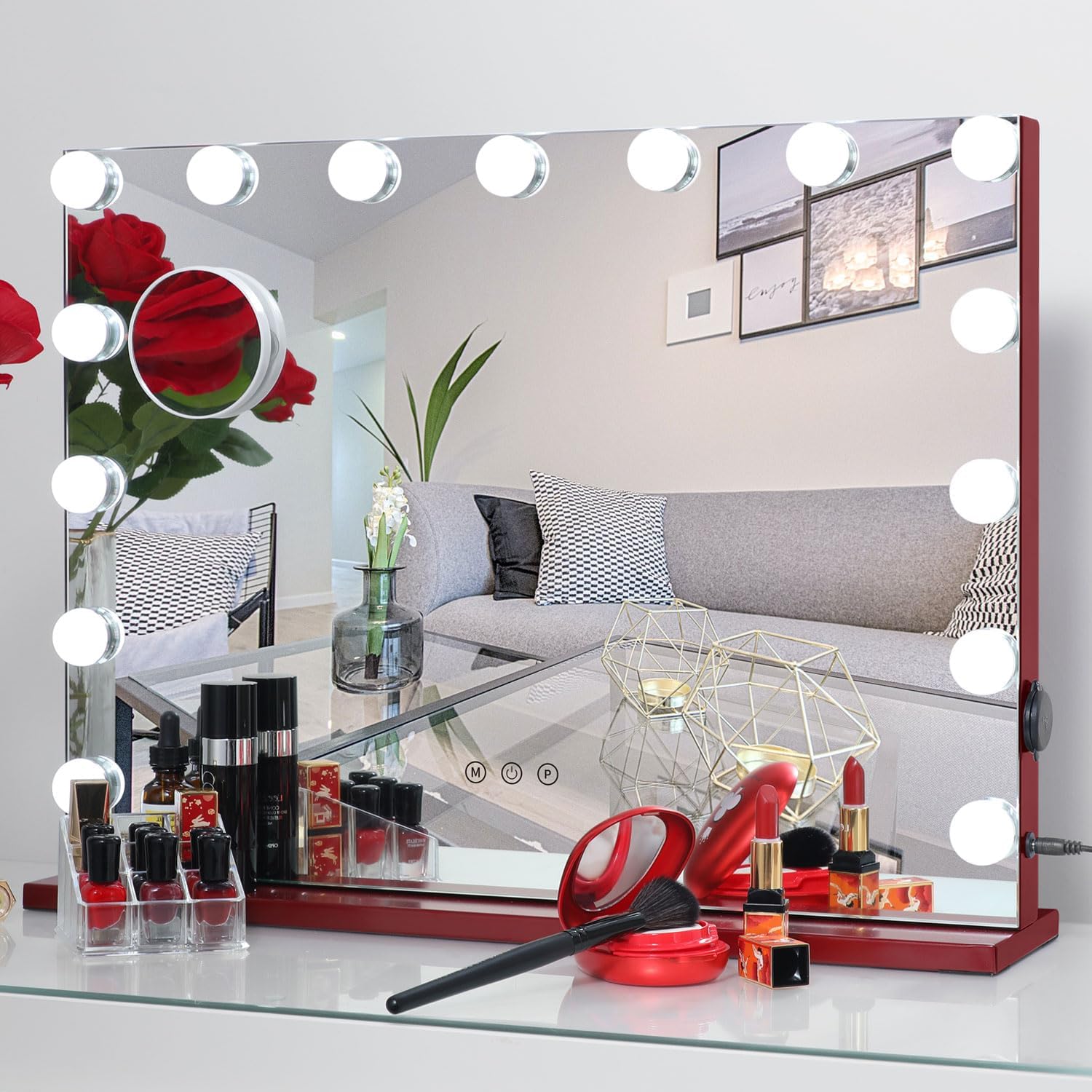 AMST Hollywood Espejo de tocador con luces, espejo de maquillaje iluminado con 15 bombillas LED regulables, espejo cosmético montado en la mesa o en