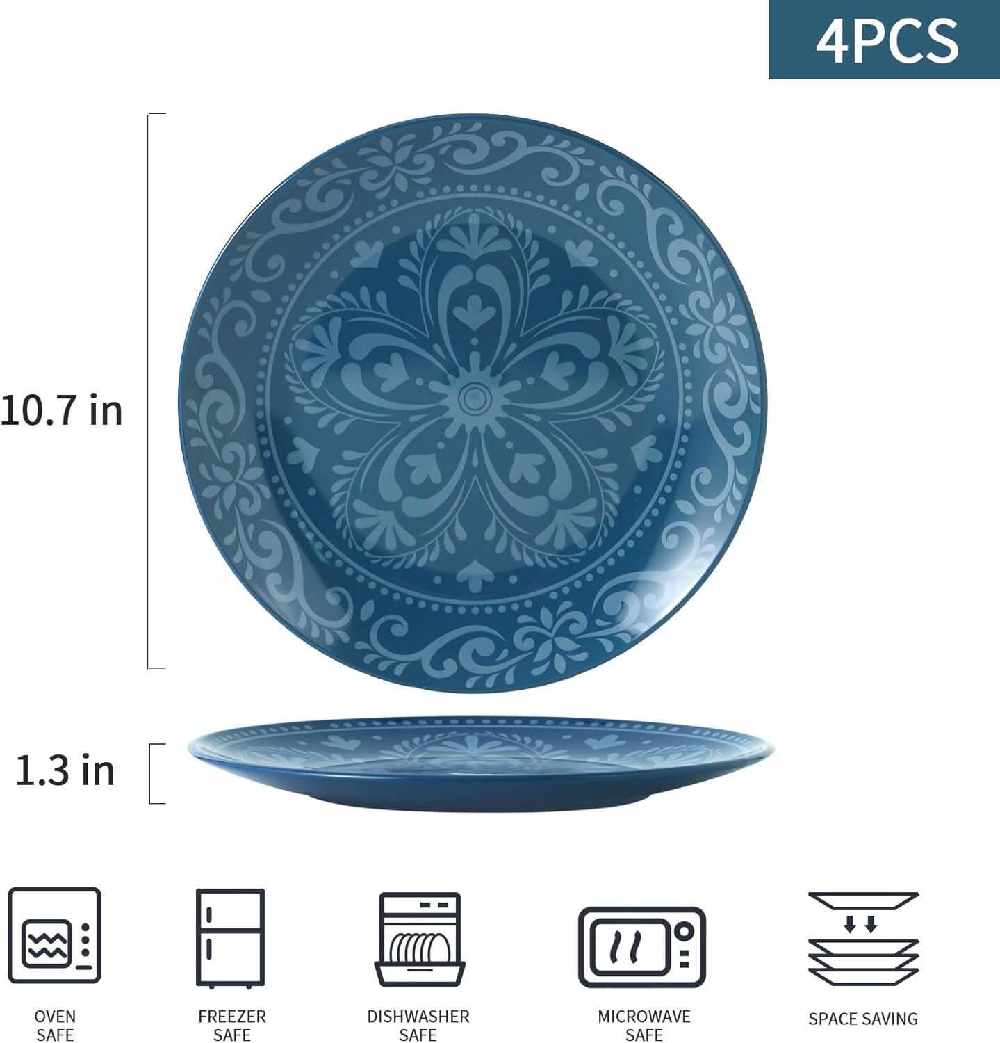 YELLOYA Juego de 4 platos grandes de cerámica de 10.5 pulgadas, ideal para pizza y ensaladas, perfecto para el hogar, restaurante y fiestas, apto