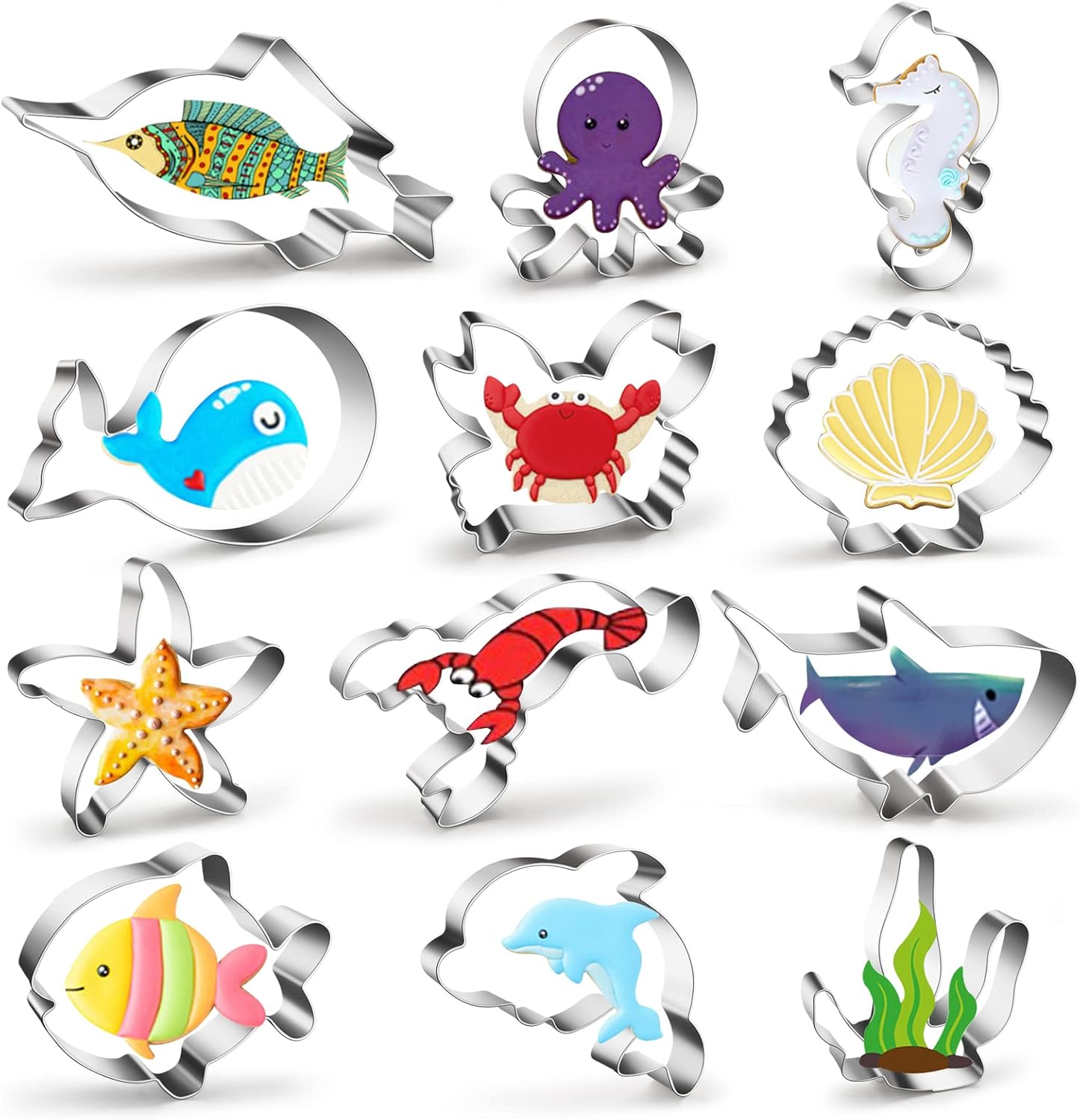 Ocean Creatures – Juego de 12 cortadores de galletas de metal bajo el mar, moldes para hornear delfín, pez payaso, pulpo, caballito de mar,