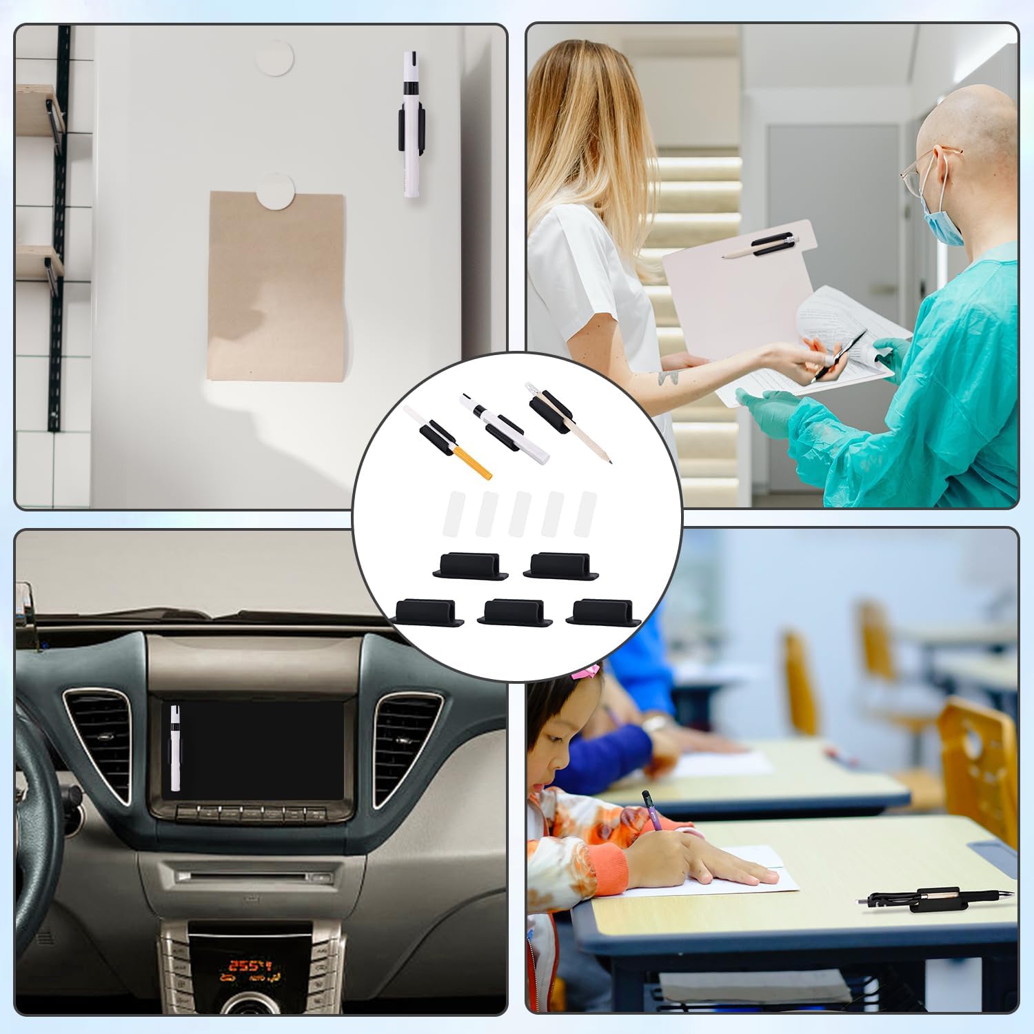 5 soportes de silicona para bolígrafos, clip para bolígrafo con 5 almohadillas adhesivas adicionales, soporte adhesivo de silicona para bolígrafos,