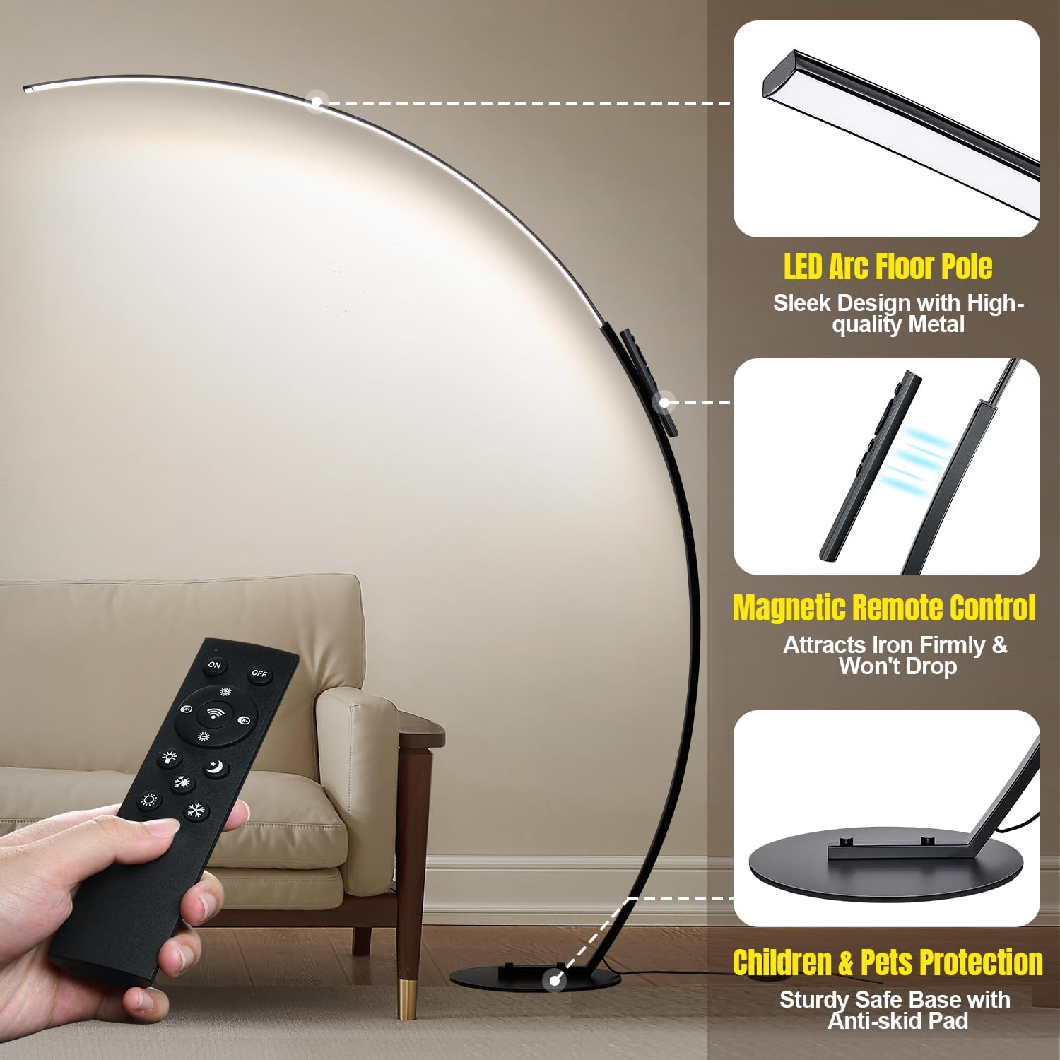 Lámpara de pie LED regulable con 3 temperaturas de color, lámparas de pie de arco ultra brillantes de 2000 lm para sala de estar, lámpara alta de