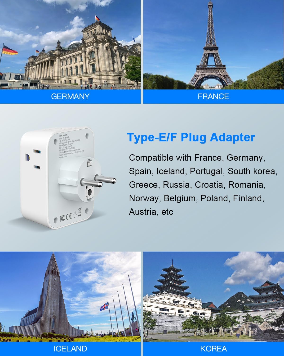 JAMIFEX Adaptador de corriente de viaje de Alemania Francia, convertidor de adaptador de enchufe Schuko europeo tipo EF con 4 puertos USB (2 USB-C)