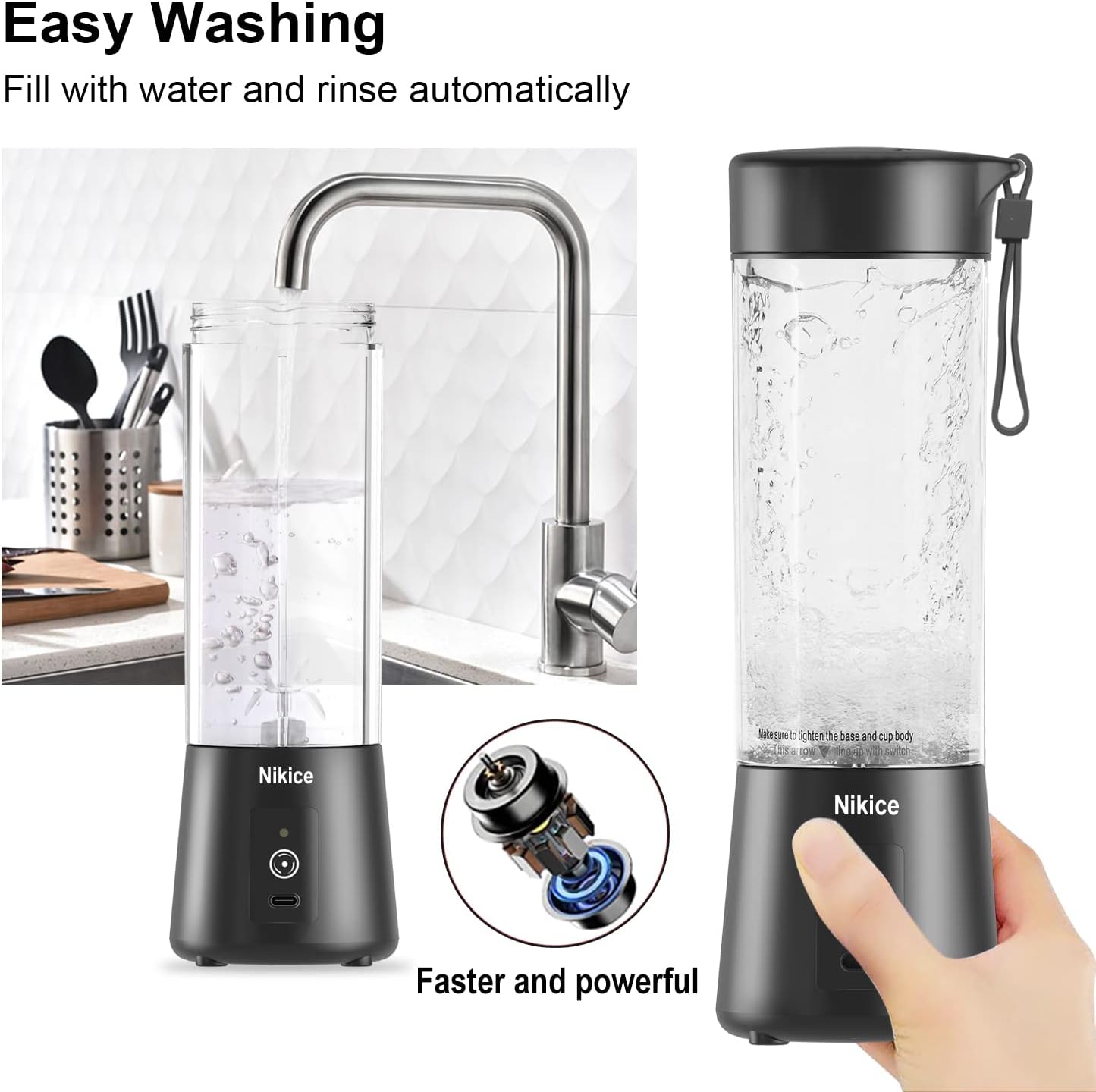 Licuadora portátil, tamaño personal, licuadora exprimidora, recargable por USB para batidos y batidos (negro)