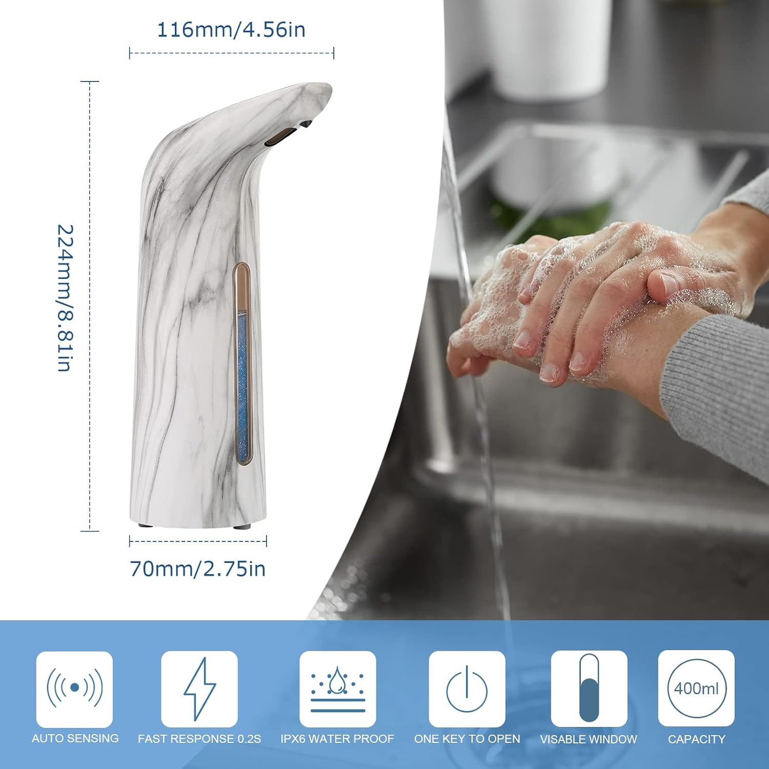 Dispensador automático de jabón con sensor de movimiento infrarrojo de 13.5 oz13.5 fl oz IPX6, dispensador automático de jabón sin contacto para