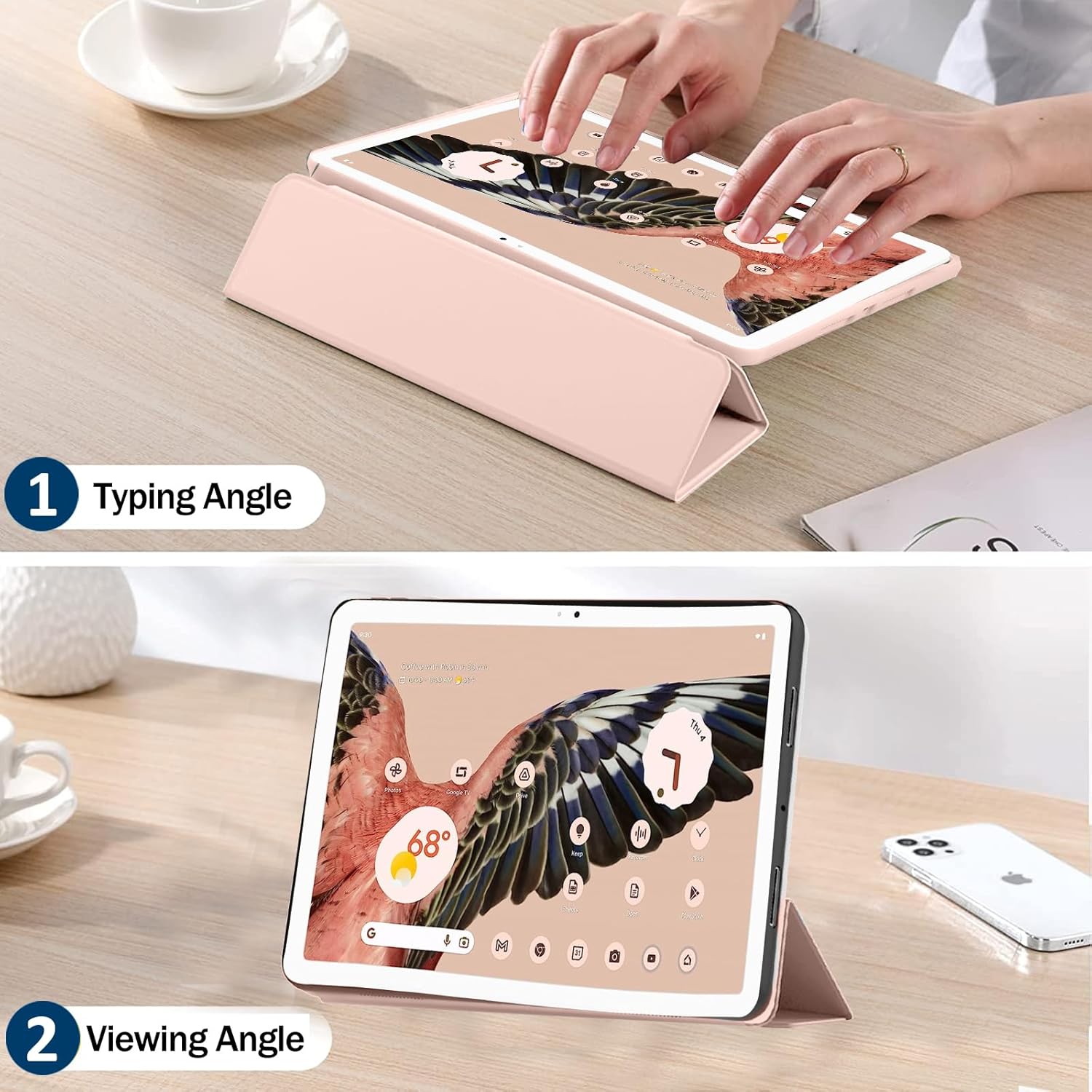 Miimall Funda compatible con Google Pixel Tablet con soporte, carcasa trasera de piel sintética ultra delgada, funda trasera de TPU, plegable, a