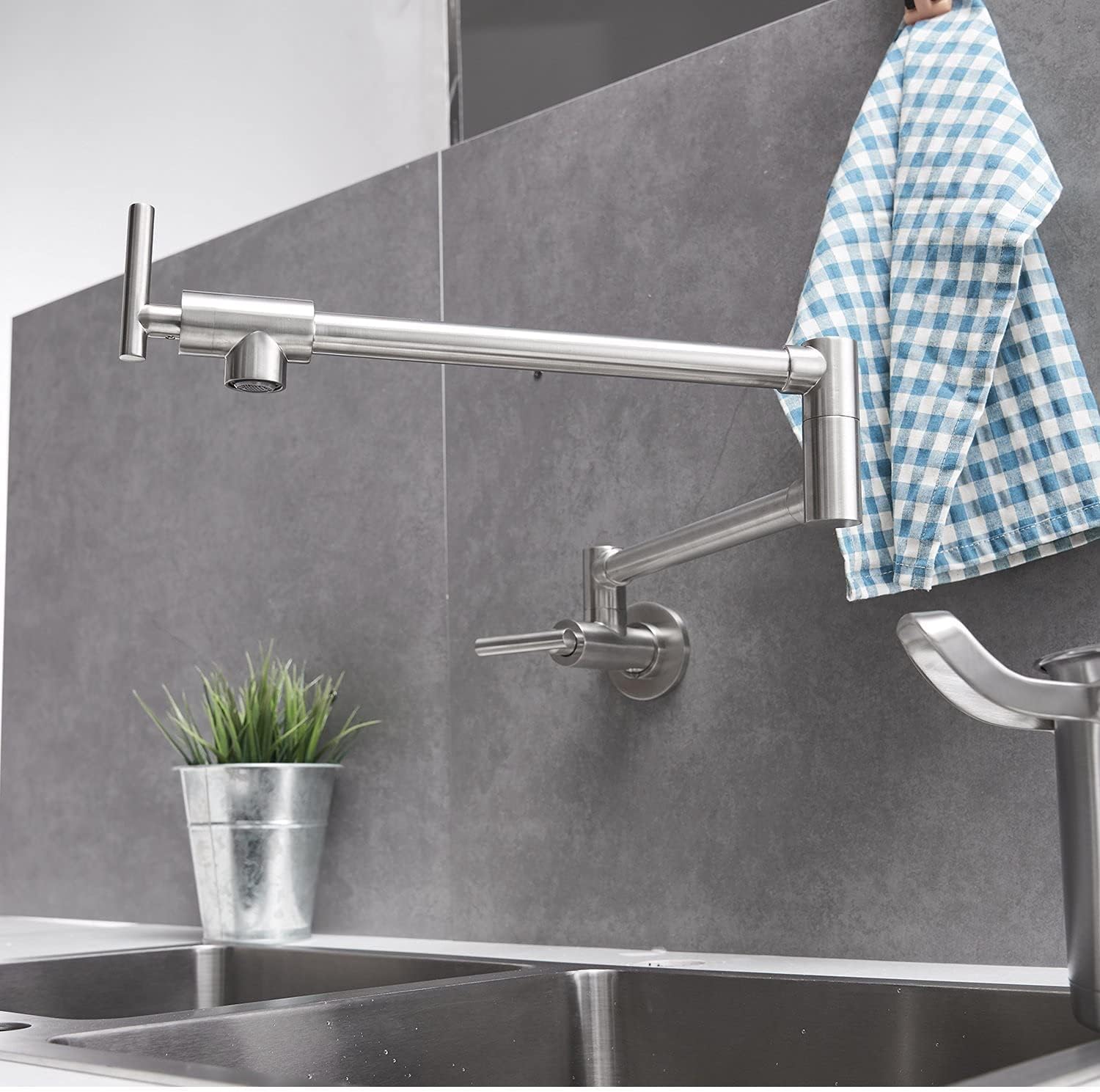 Grifo de llenado de ollas de níquel cepillado, montaje en pared, grifos de cocina comerciales de latón plegable y elástico con un solo orificio dos