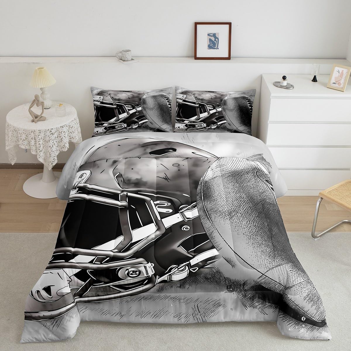 Erosebridal Juego de edredón gris para niños y adolescentes, juego de ropa de cama con temática deportiva, edredón acolchado con pintura de bocetos,