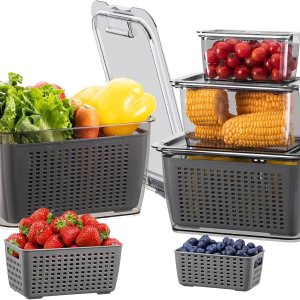 LUXEAR Paquete de 4 recipientes de frutas para refrigerador, contenedor de almacenamiento de verduras con tapas y colador extraíble organizador de LUXEAR Paquete de 4 recipientes de frutas para refrigerador, contenedor de almacenamiento de verduras con tapas y colador extraíble organizador de