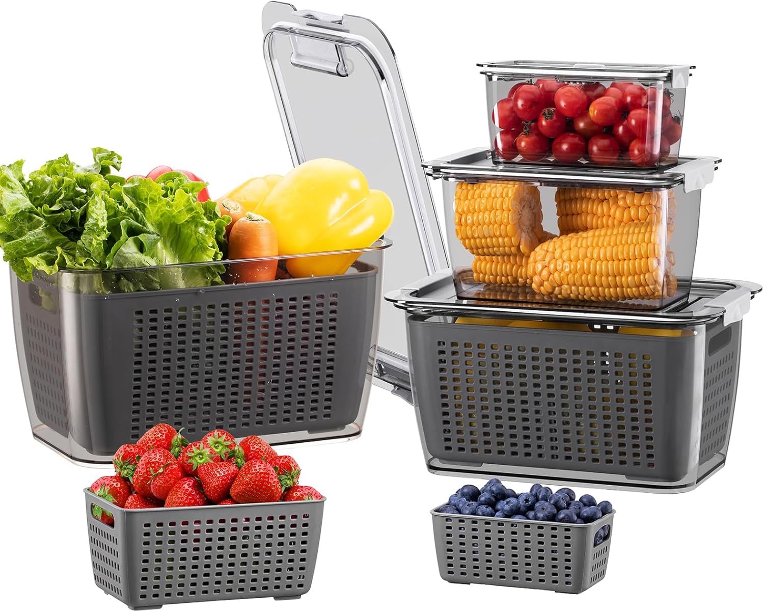 LUXEAR Paquete de 4 recipientes de frutas para refrigerador, contenedor de almacenamiento de verduras con tapas y colador extraíble organizador de