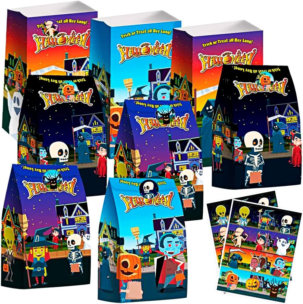 ArtCreativity Bolsas de golosinas de Halloween, juego de 24 bolsas de papel y 24 calcomanías, bolsas de dulces de Halloween de 10 pulgadas con