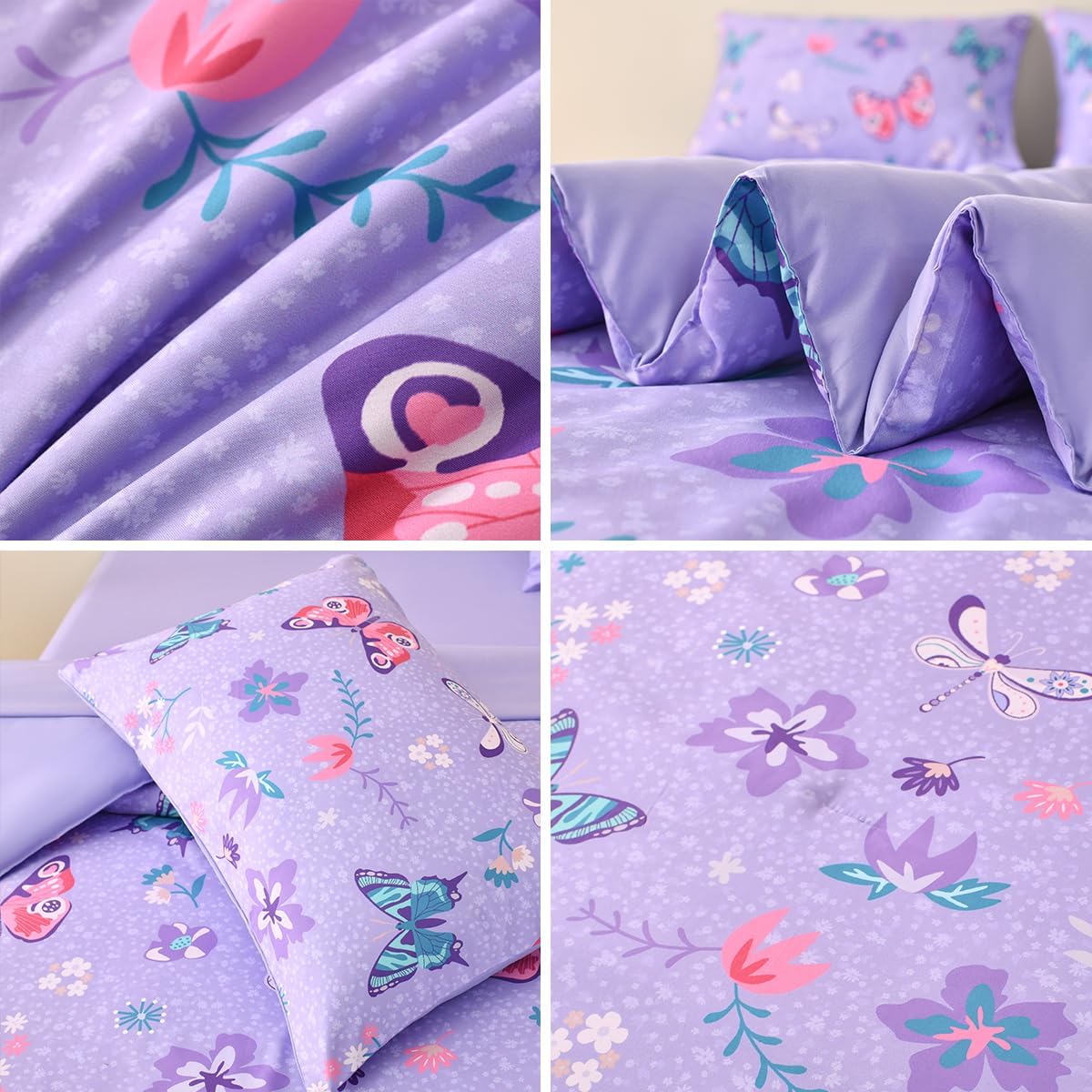 Tasselily Juego de ropa de cama de mariposa matrimonial, juego de edredón de mariposa púrpura para niñas, niños y adolescentes, 6 piezas de cama en