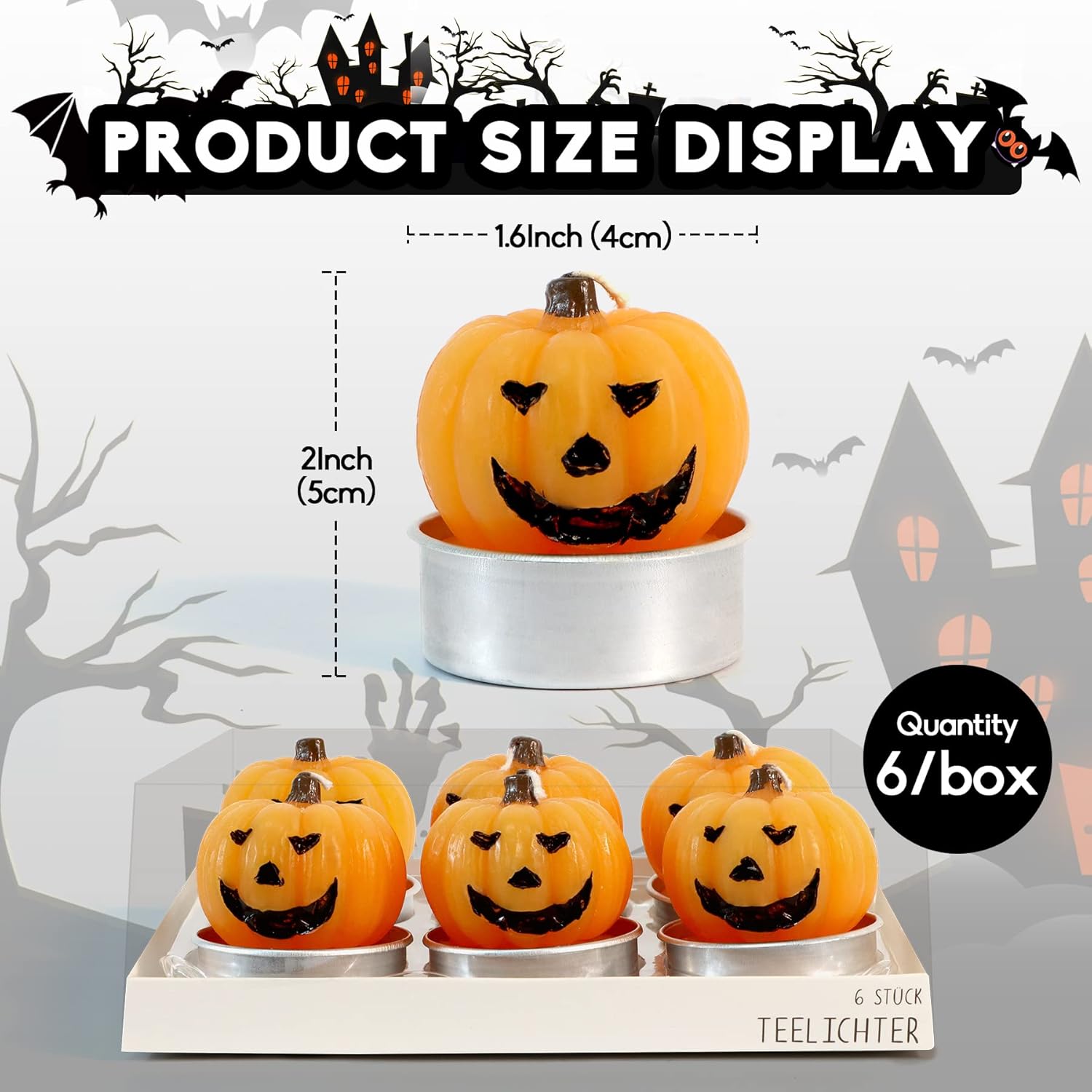 Paquete de 6 velas de calabaza de Halloween, calabaza de Halloween, velas de celebración de Halloween, velas de calabaza brillantes y vívidas para