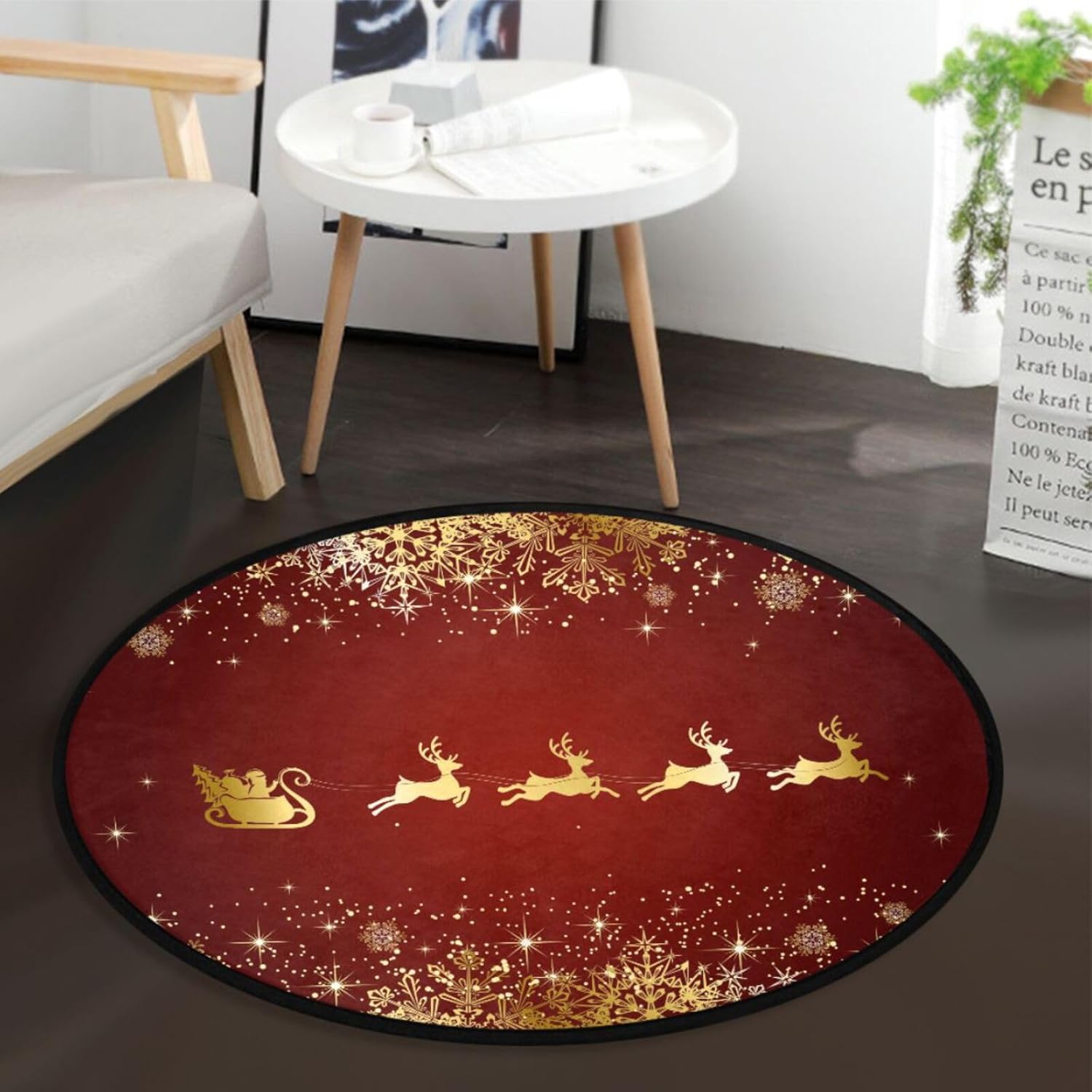 Alfombra redonda de reno de Navidad dorada de 3 pies para dormitorio, lavable, con hermosos copos de nieve, alfombra circular antideslizante con