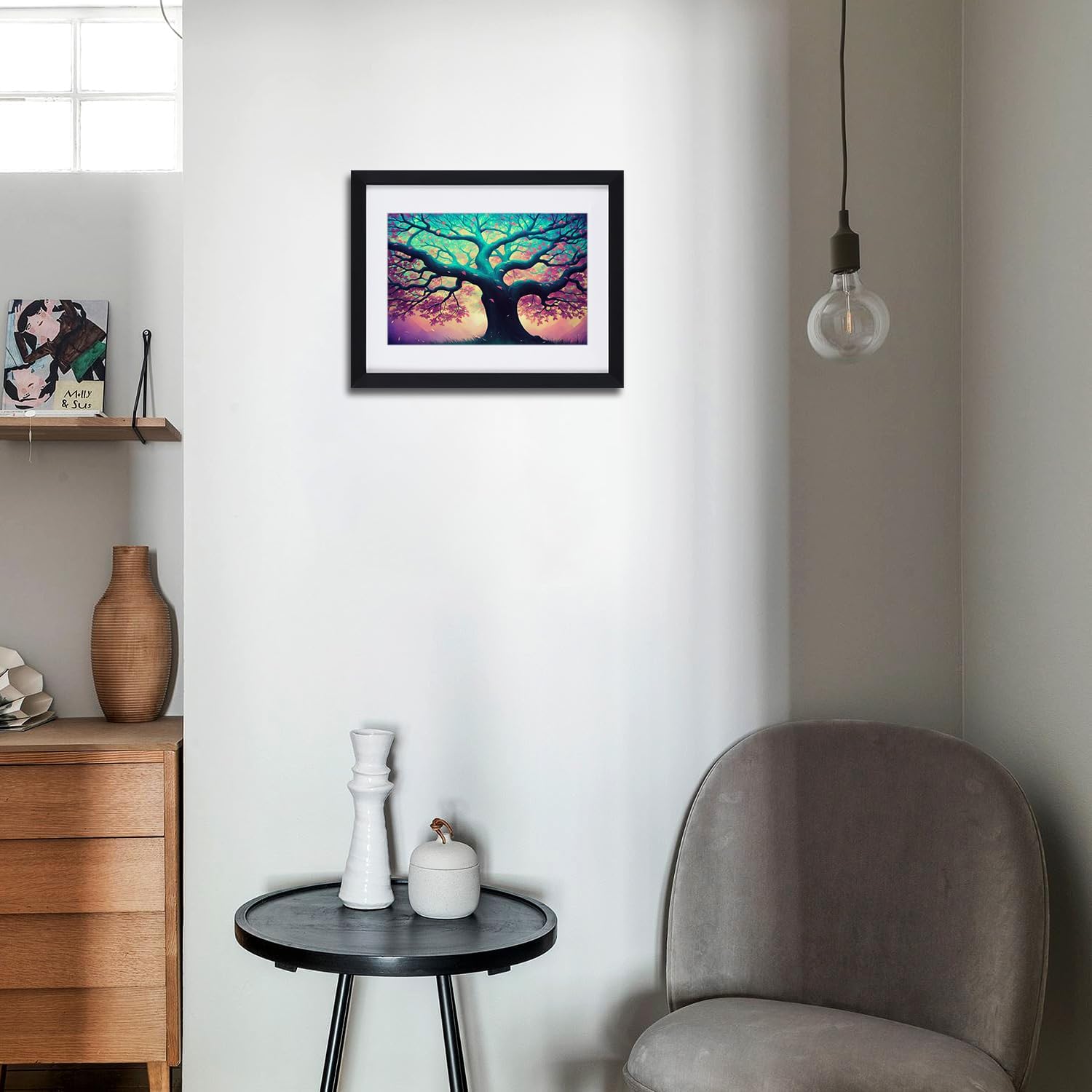 Cuadro en lienzo con marco de árbol morado y azul, con paspartú blanco roto para cocina, decoración del hogar o sala de estar