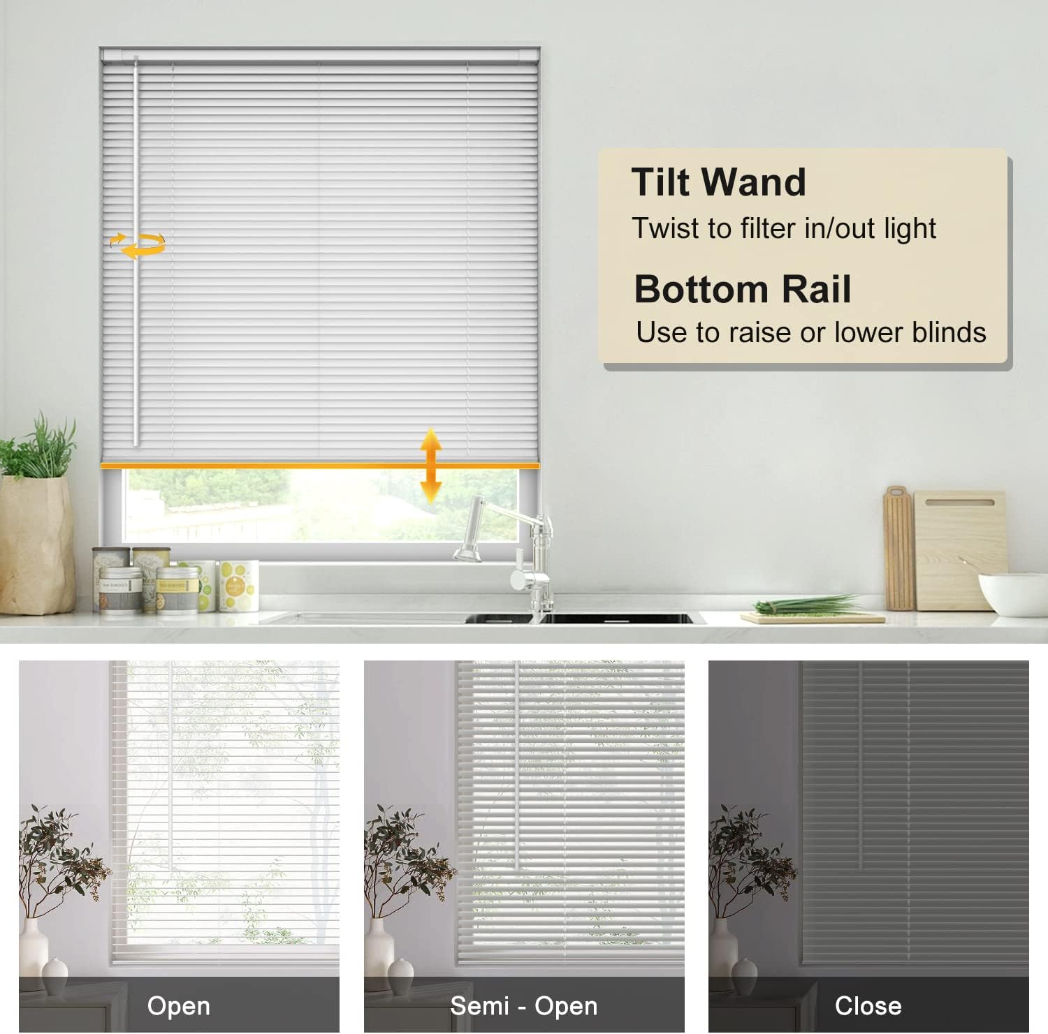 LazBlinds Mini persianas horizontales de vinilo sin cordón, sin herramientas, sin taladro, de 1 pulgada, persianas que filtran la luz para ventanas,