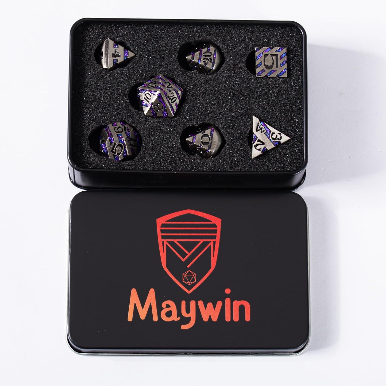 DND – Juego de dados de rayas de metal, 7 piezas de dados poliédricos RPG con estuche de regalo para Calabozos y Dragones (níquel envejecido morado)