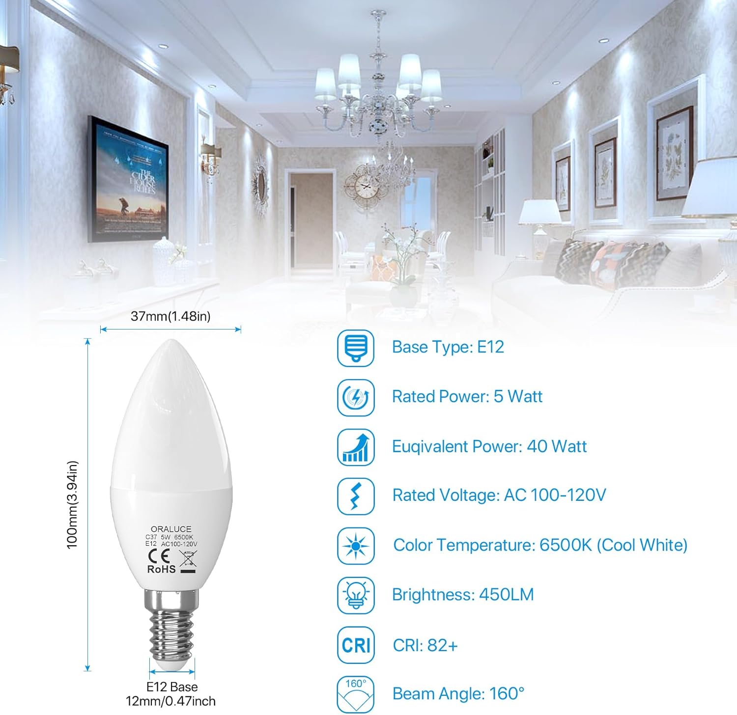 ORALUCE Paquete de bombillas de candelabro blanco frío 6500K y bombilla LED A15 blanco frío 6500K (cada paquete de 6)