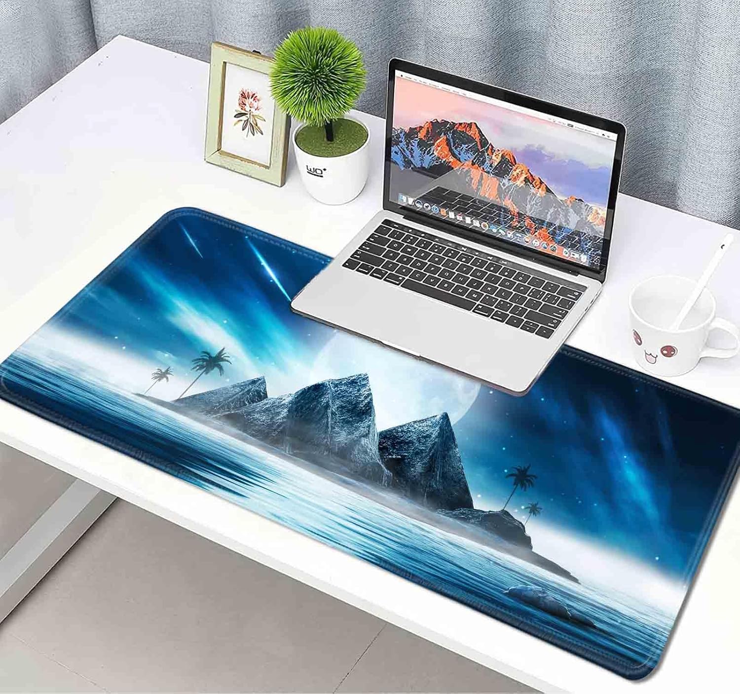 Alfombrilla de mouse grande extendida para juegos con bordes cosidos, alfombrilla de escritorio de luna llena de montaña azul para computadora,