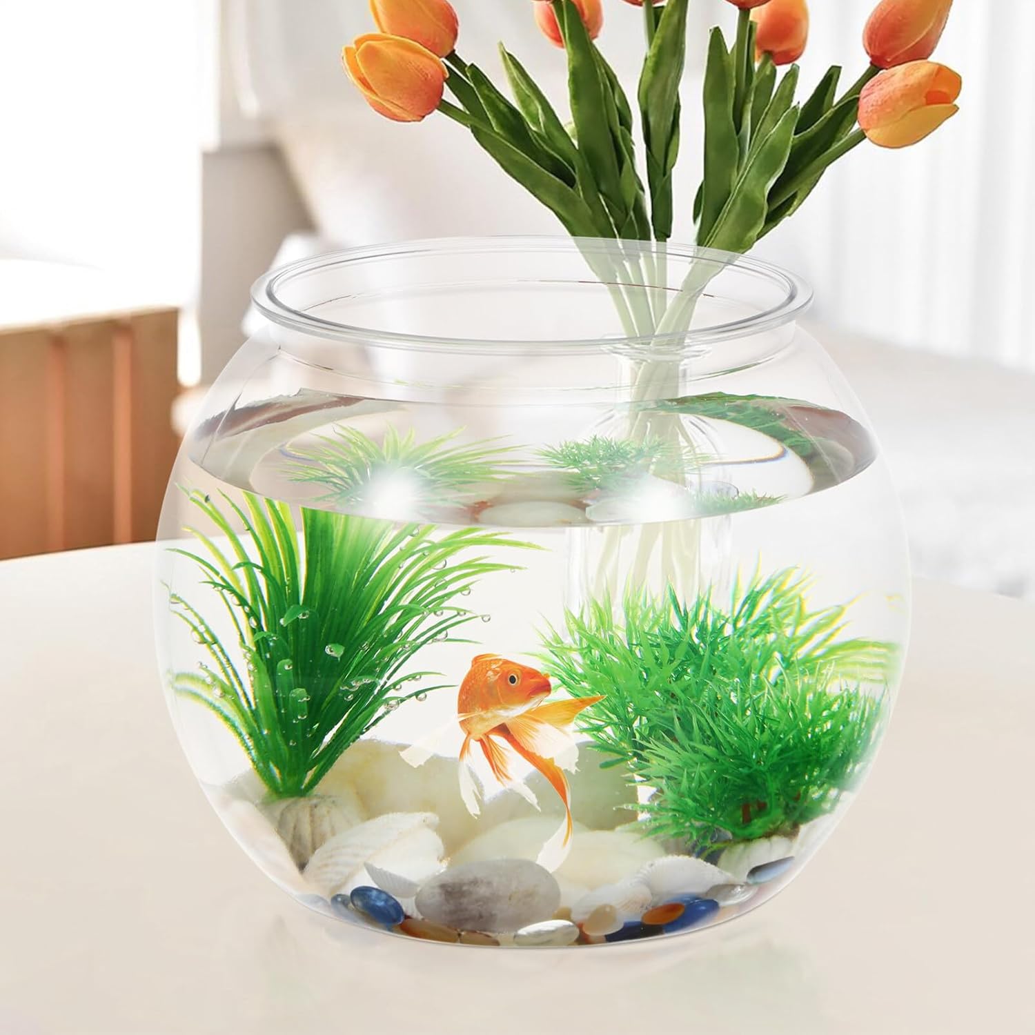 iplusmile Cuencos de plástico para peces, pecera redonda, transparente, pequeño, para acuario, peces de colores, maceta para acuario de peces,