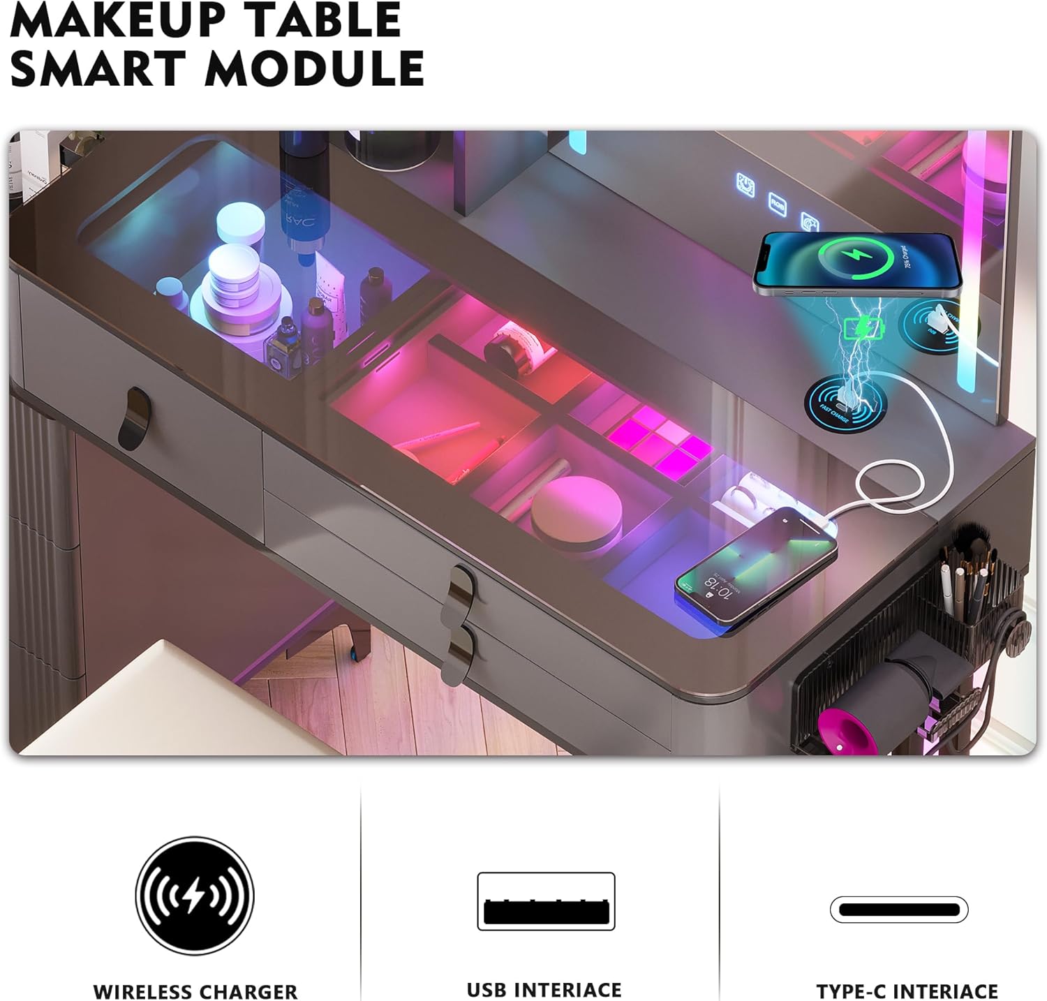 Escritorio de maquillaje RGB con espejo y luces, juego de mesa de tocador de 7 dinámicas y 7 estáticas regulables con estación de carga inalámbrica,