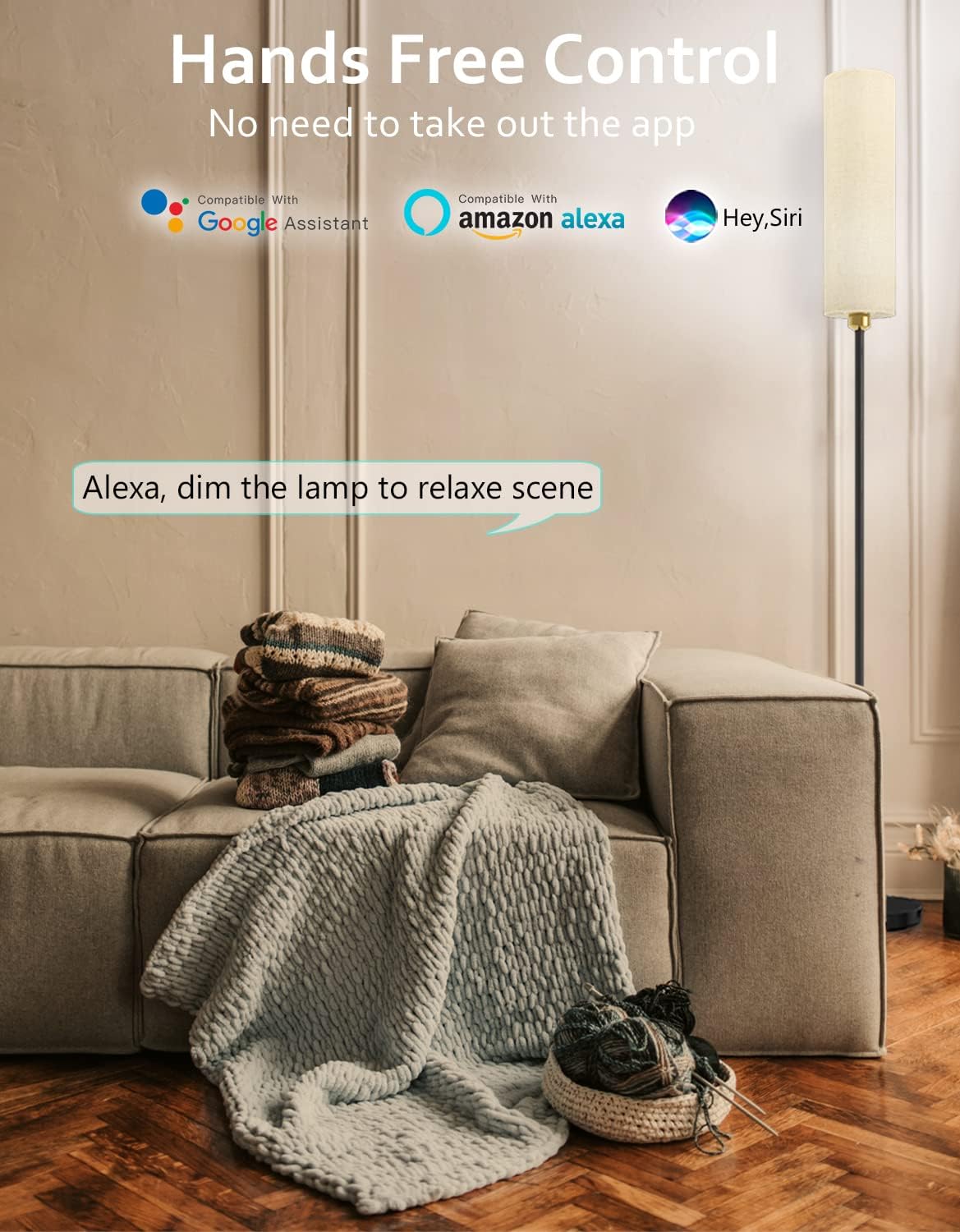 Lámpara de pie inteligente funciona con Alexa y Google Home, cambio de color, regulable sin escalones para sala de estar, modernas lámparas WiFi de
